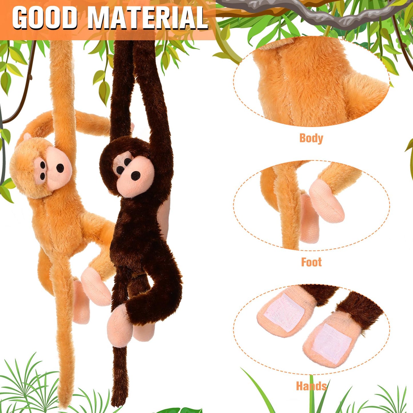 Chivao 2 Pcs Hanging Monkey Stuffed Animal, Hanging Monkey Plush with Hook and Loop Fasteners Hands Stuffed Toy for Birthday Party Favors Decorations, Brown and Khaki(28 Inch)