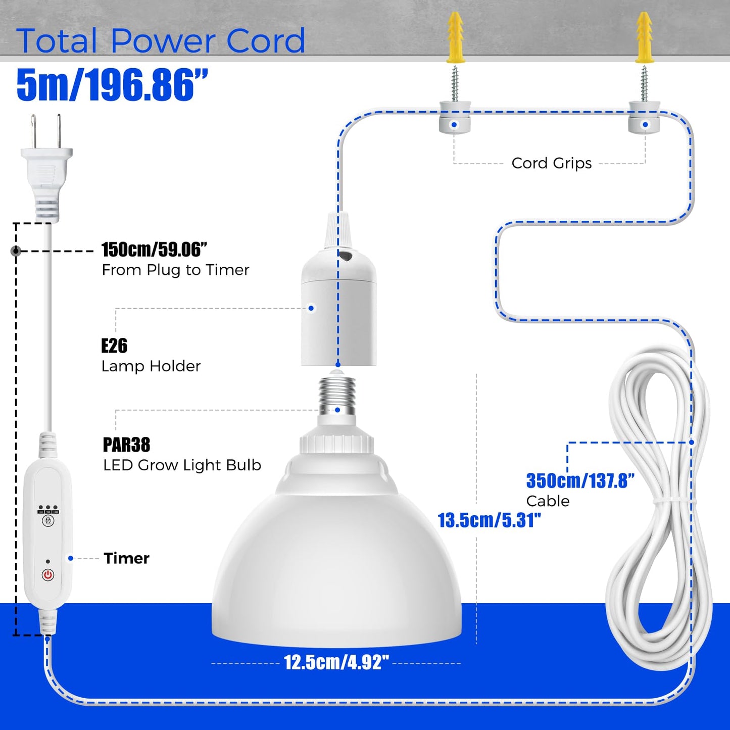Barrina LED Grow Light Bulb with Timing and Hanging System, 25W Full Spectrum, 4H/9H/14H Timer, Hanging Grow Lights for Indoor Plants with 16.4FT Power Cord, Plug in Pendant Light for Plants