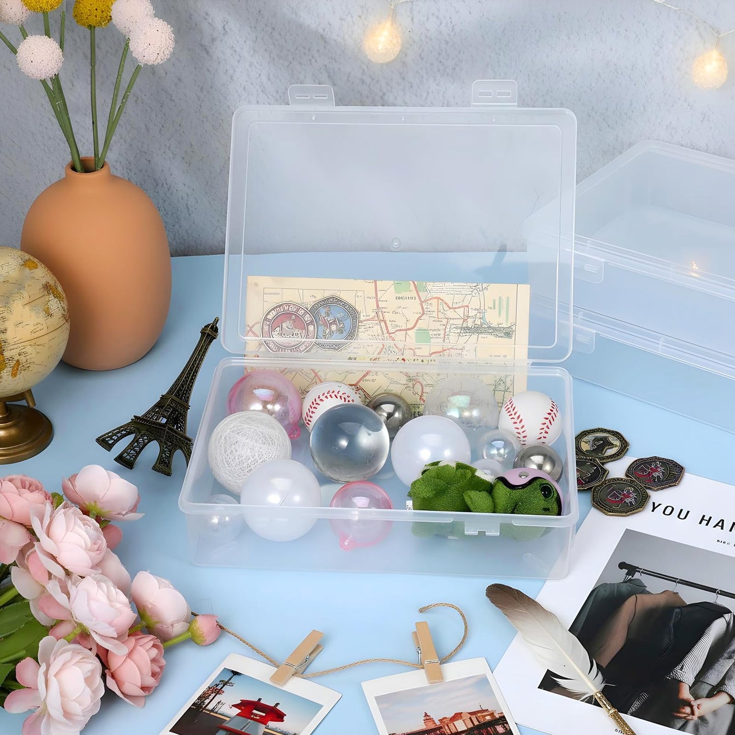 Oqqlin 6 Pcs Plastic Storage Boxes with Lids, 10.6x7.7x2 Inch Clear Rectangular Plastic Box Multipurpose Craft Organizers Small Storage Containers for Pencils, Beads, Craft Accessories, Small Items