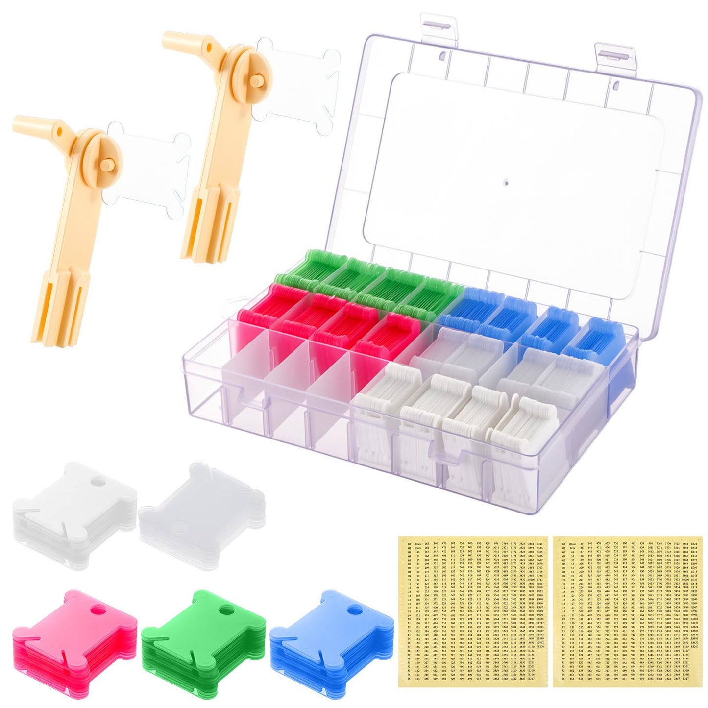 Complete Embroidery Floss Organizer Kit: 2 Removable 24-Grid Thread Storage Boxes with 300 Bobbins, 2 Winders & Labels - Ultimate Embroidery Thread Organizer for Cross Stitch & DIY Crafts