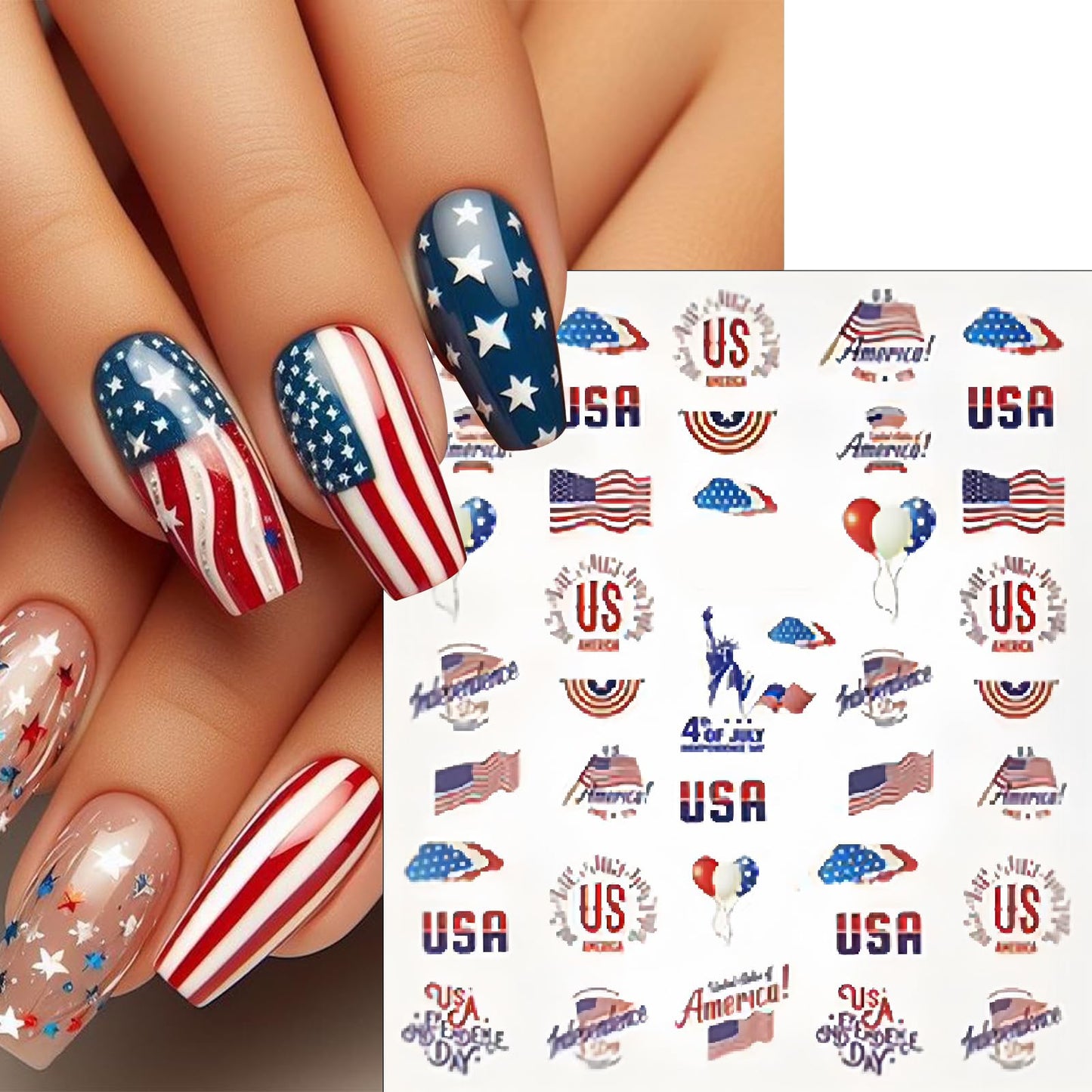 5 Sheets Independence Day Embossed Nail Art Stickers Self-Adhesive July 4th American Flag Eagle Fireworks Balloon Design Statue of Liberty Women's Nail Decoration