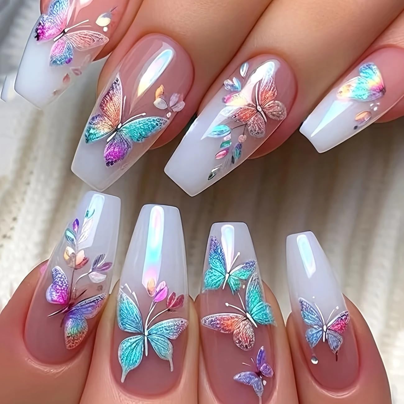 2Pcs 3D Gradient Butterfly Embossed Nail Stickers, Multicolor Butterfly Leaves Nail Decals Cute Spring Summer Manicure DIY Y2K Style Self-Adhesive Gel Decals Sliders Nail Art Decoration Nail Supplies
