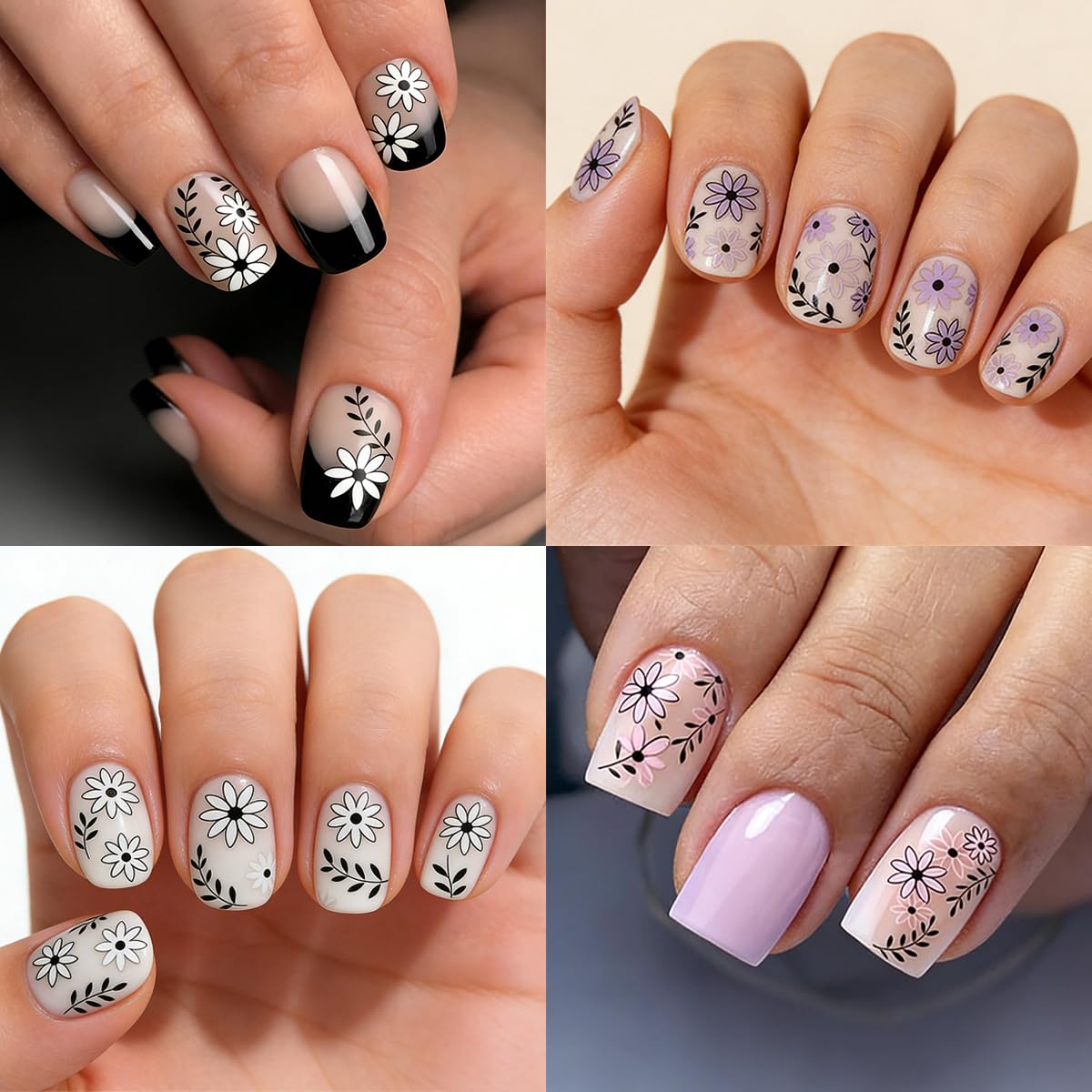 Black White Daisy Flowers Nail Stickers 3D Self Adhesive Purple Floral Nail Art Stickers Spring Cute Little Daisy Flower Nail Decals for Women Spring Summer DIY Nail Decor (6 Sheets)