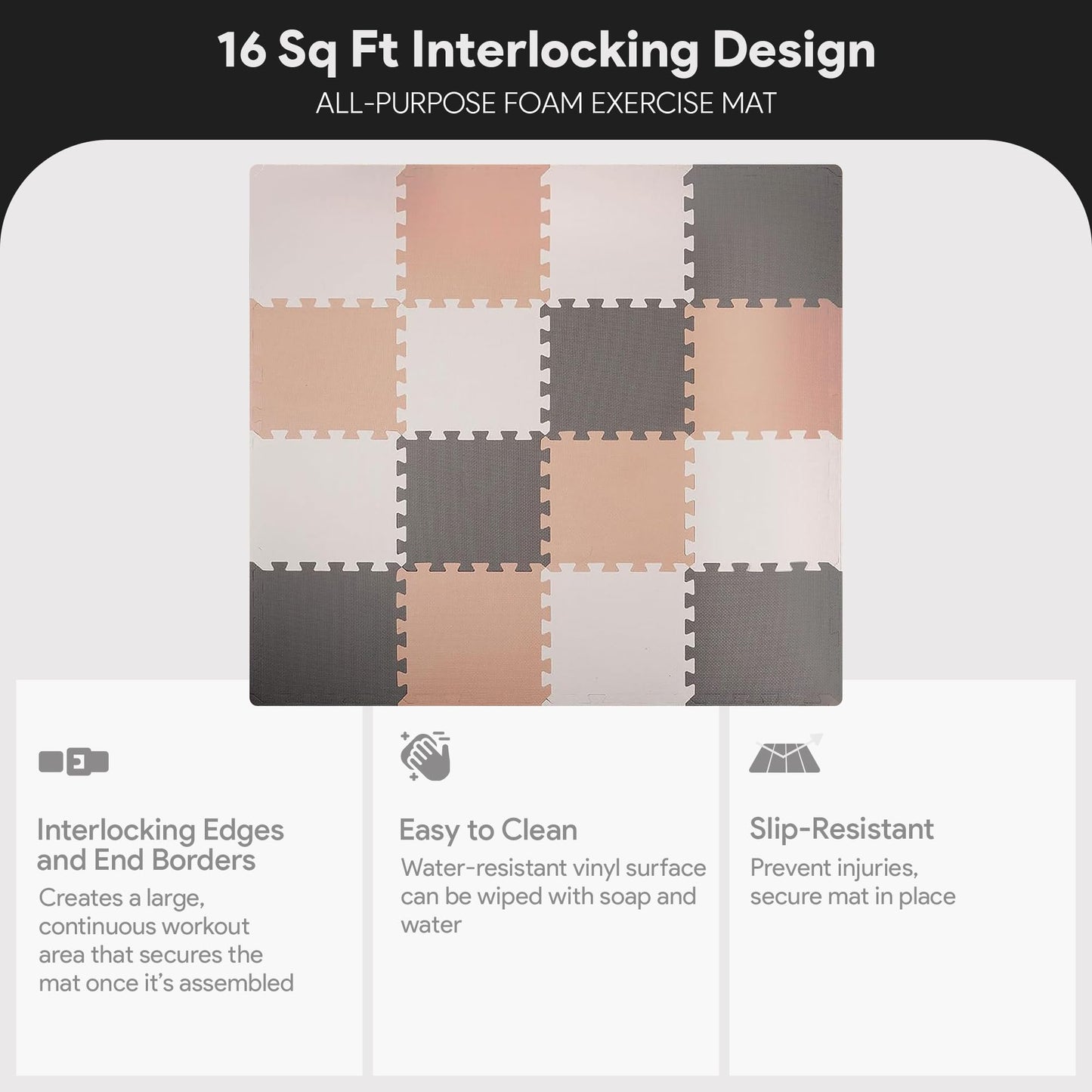 BalanceFrom 16-Pack 12x12 Inches EVA Interlocking Foam Play Tile Mat, Cream/Gray/Beige – 0.4-Inch Thick Non-Slip Puzzle Flooring for 16 Square Feet in Playroom, Nursery, or Playpen at Home
