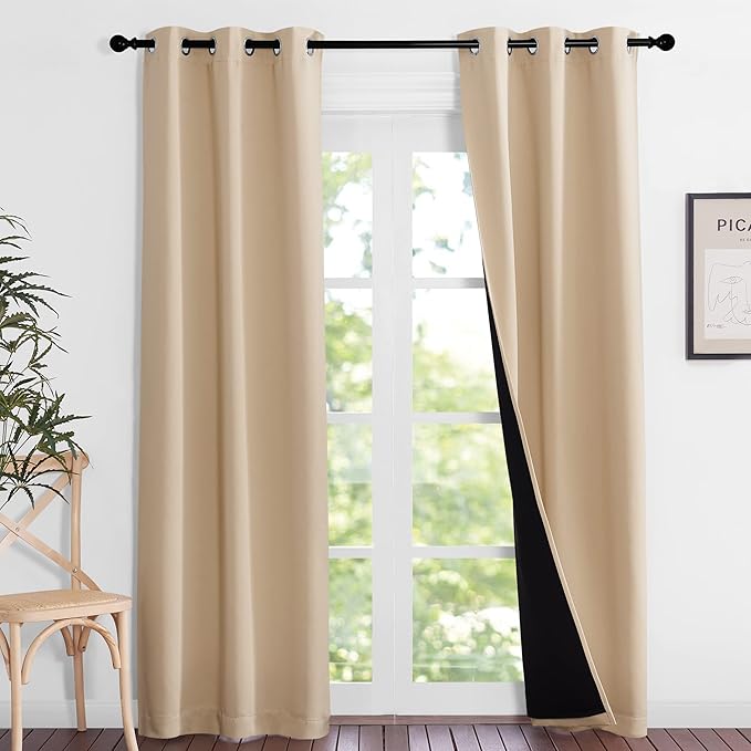 NICETOWN Living Room Completely Shaded Draperies, Privacy Protection & Noise Reducing Black Lined Insulated Window Treatment Curtain Panels for Patio Door (Set of 2 Pcs, W37 x L84, Biscotti Beige)