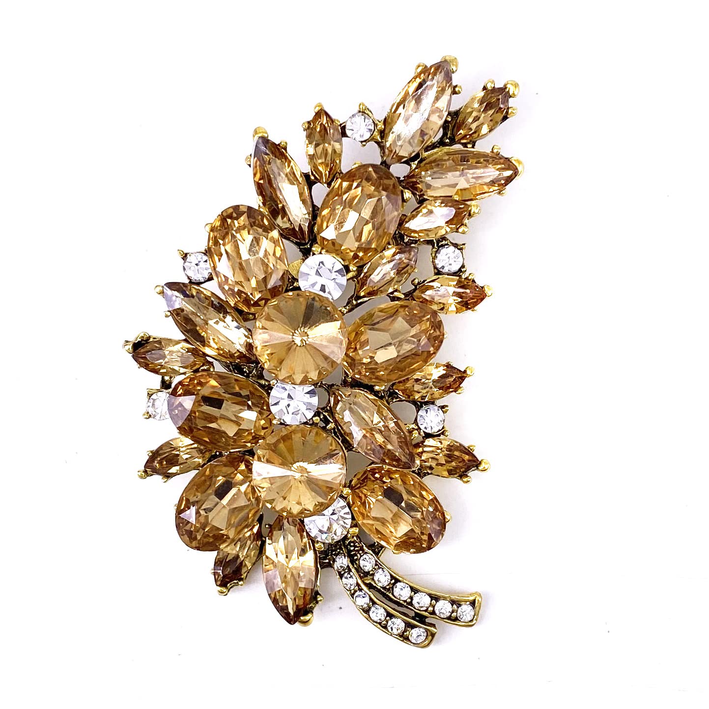 LAXPICOL Vintage Brown Austrian Crystal Flower Leaf Bouquet Clusters Large Big Brooch Pin For Women Jewelry