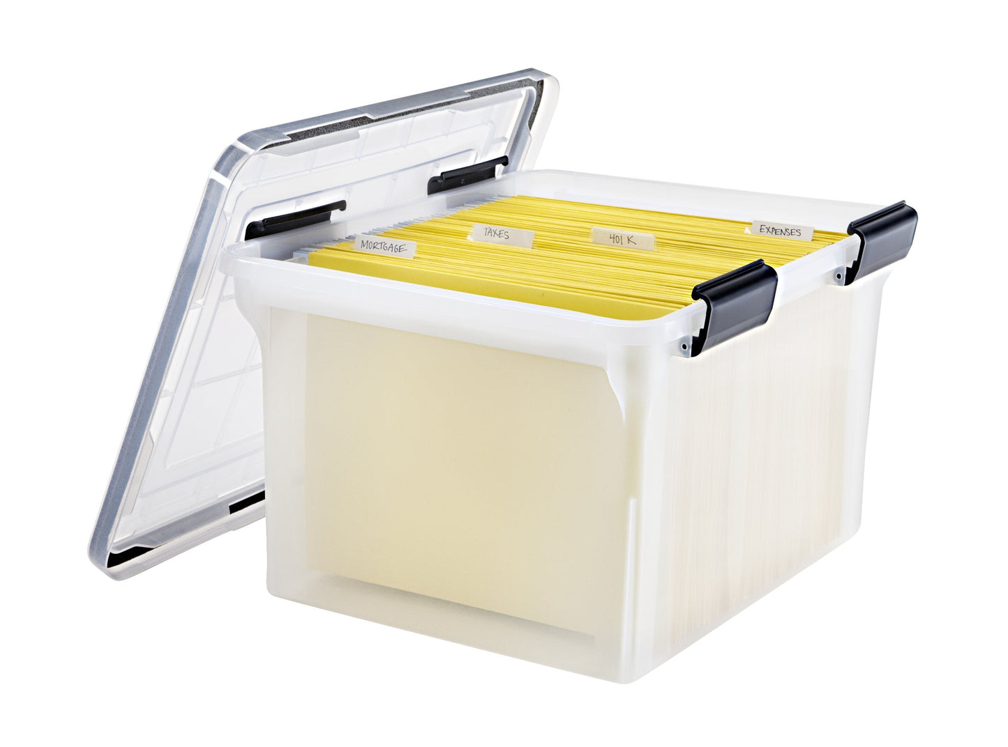 IRIS USA File Box WeatherPro Organizer Plastic for Letter/Legal, Water Resistant Document, Durable Lid, Seal w/Secure Latching Buckles, Stackable, Nestable, Clear 32 Qt. 1 Pack