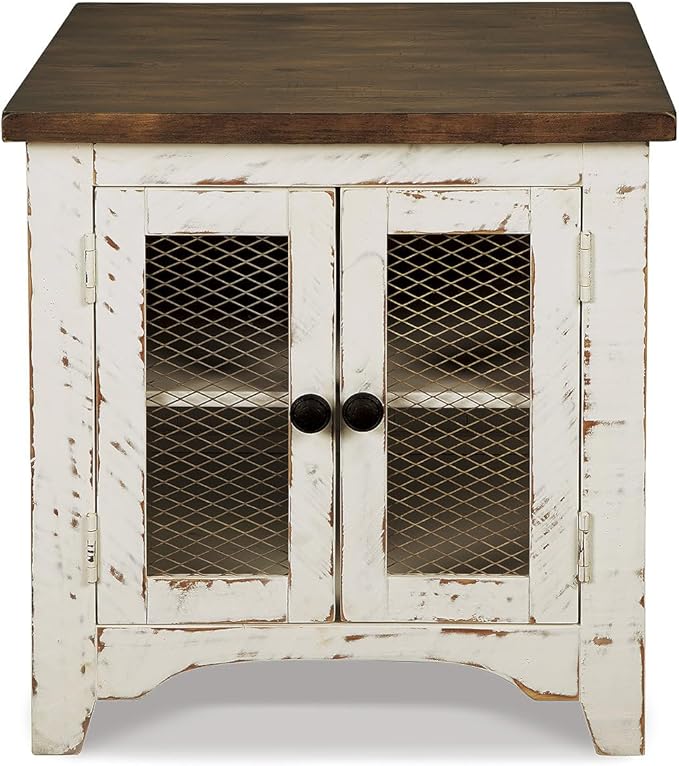 Signature Design by Ashley Wystfield Farmhouse End Table with Storage, Distressed White & Brown Finish