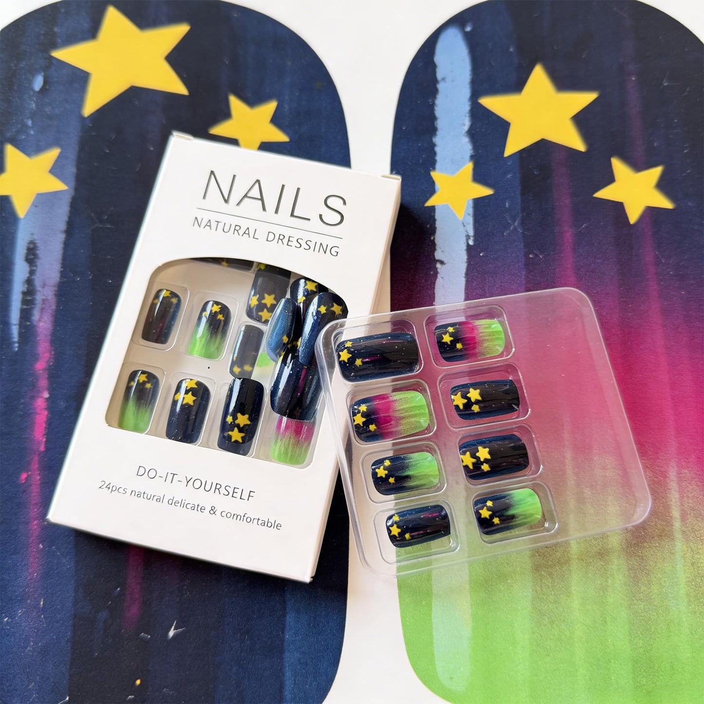 Star Press on Nails Medium Square Fake Nails Gradient Aurora False Nails Press ons with Starry Dots Design Reusable Artificial Nail Full Cover Glossy Stick on Nails for Women Manicure 24Pcs