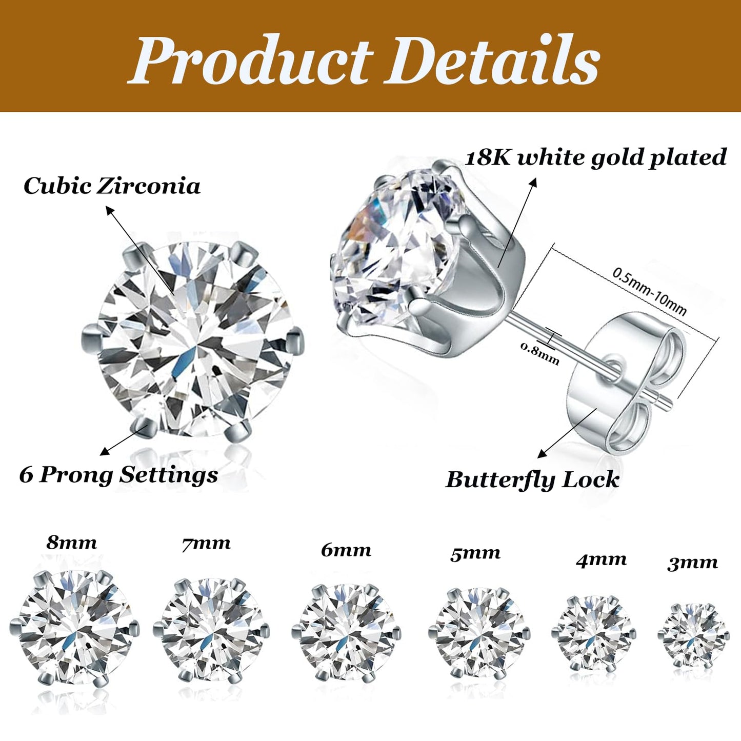 Gemsme 6 Pairs Cubic Zirconia Stud Earrings for Women/Men - 3-8mm Round Cut 6 Prong Settings 18K Gold Plated Hypoallergenic Earrings Set -White Gold