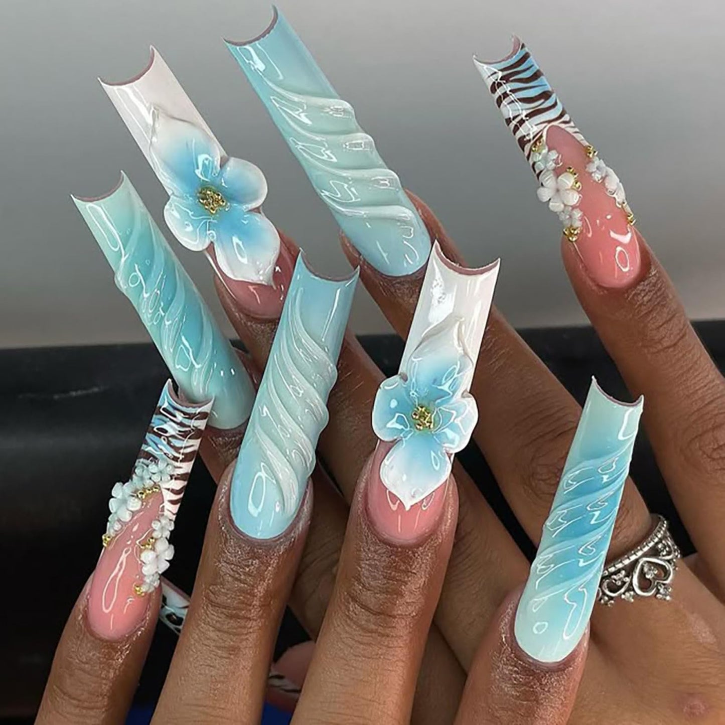 IMRAIN Press on Nails Long Square Fake Nails Blue Ombre French Tips False Nails with 3D Flower Designs Full Cover White Acrylic Glossy Glue on Nails 24Pcs
