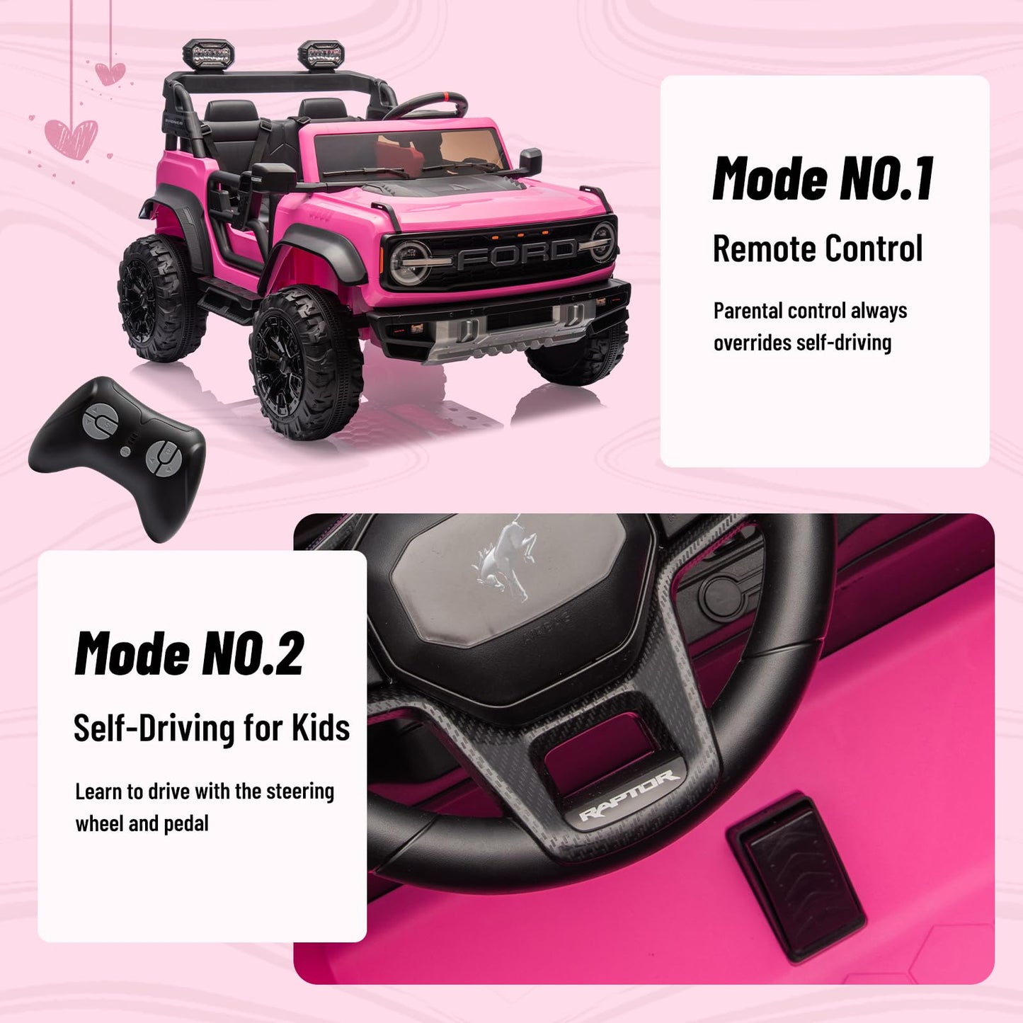 24V Ride on Toy for Big Kids,Ford Bronco Raptor 2 Seater Elecrtic Car for Kids with Remote,Battery Powered Car 4 Wheels with Spring Suspension,LED Light,Bluetooth,3 Speeds(24V, Pink)