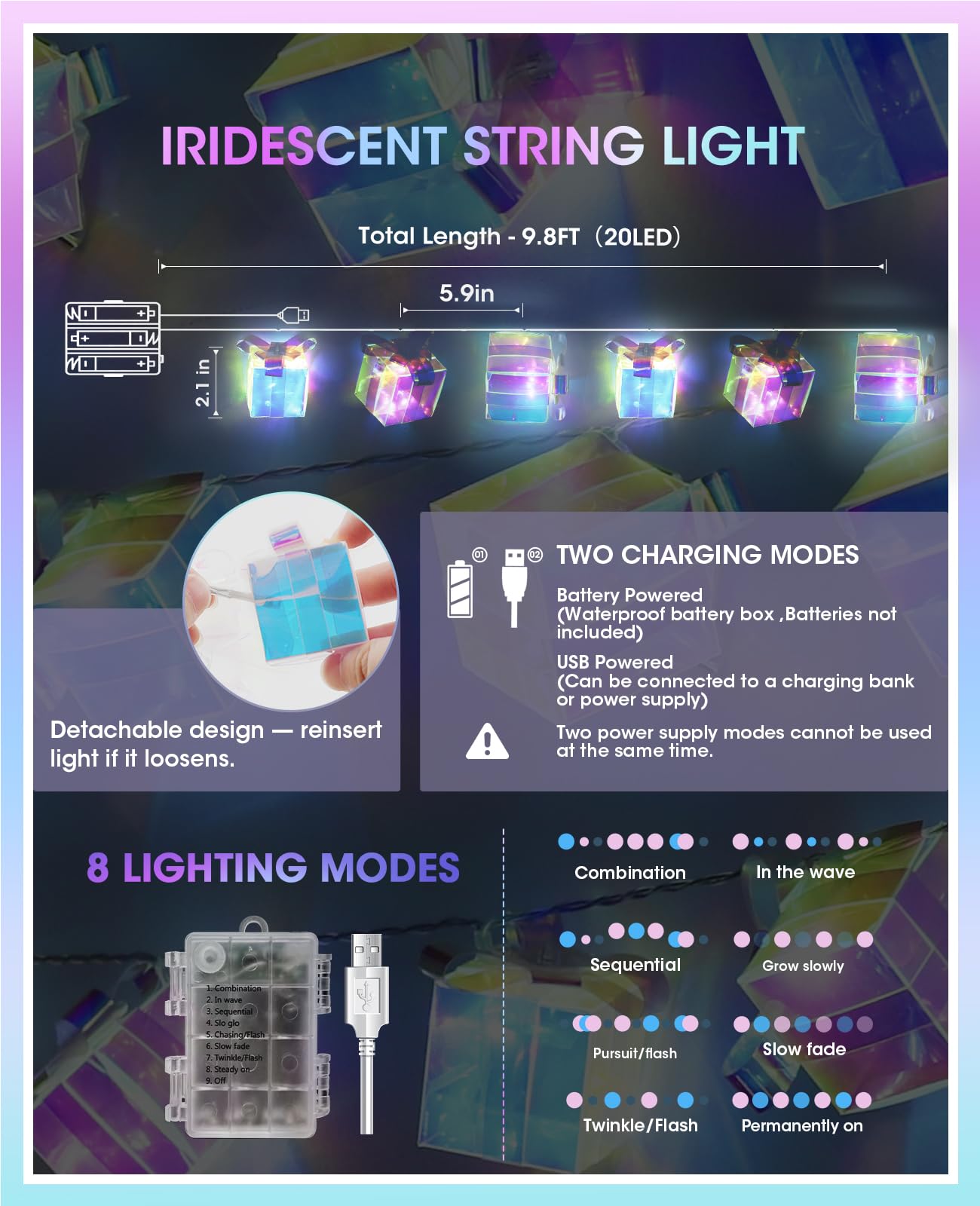 AceList Iridescent Gift Box String Lights Indoor 20 LED 9.84ft Holographic Lights with 8 Modes Battery & USB Powered Present Shape Fairy Lights for Birthday Christmas Wedding Decor