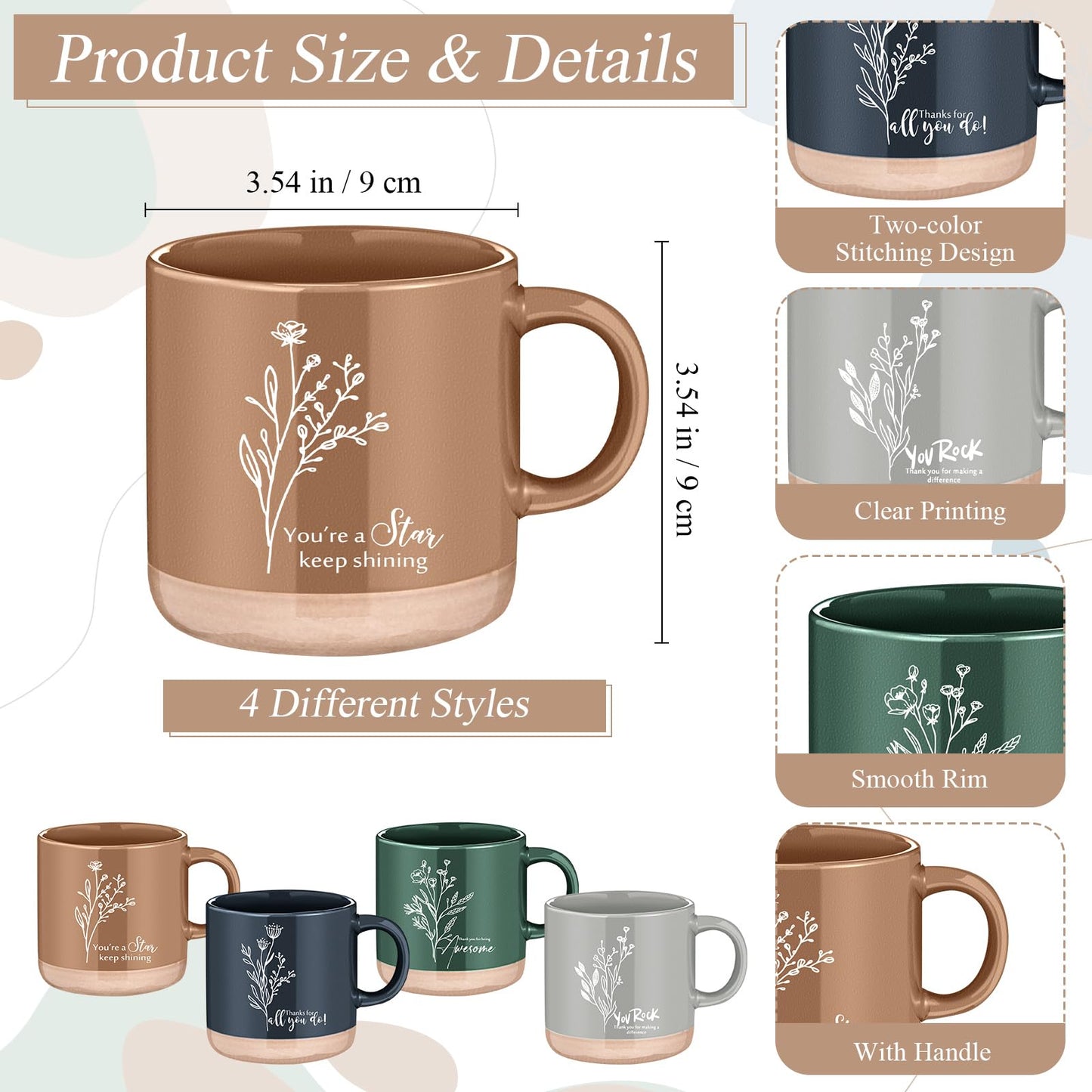 Didaey 4 Sets Employee Appreciation Gifts Set 13oz Boho Floral Ceramics Coffee Mugs with A6 Leather Notebooks Ballpoint Pens Bulk Christmas Thank You Gift for Coworkers Staff Team Nurse