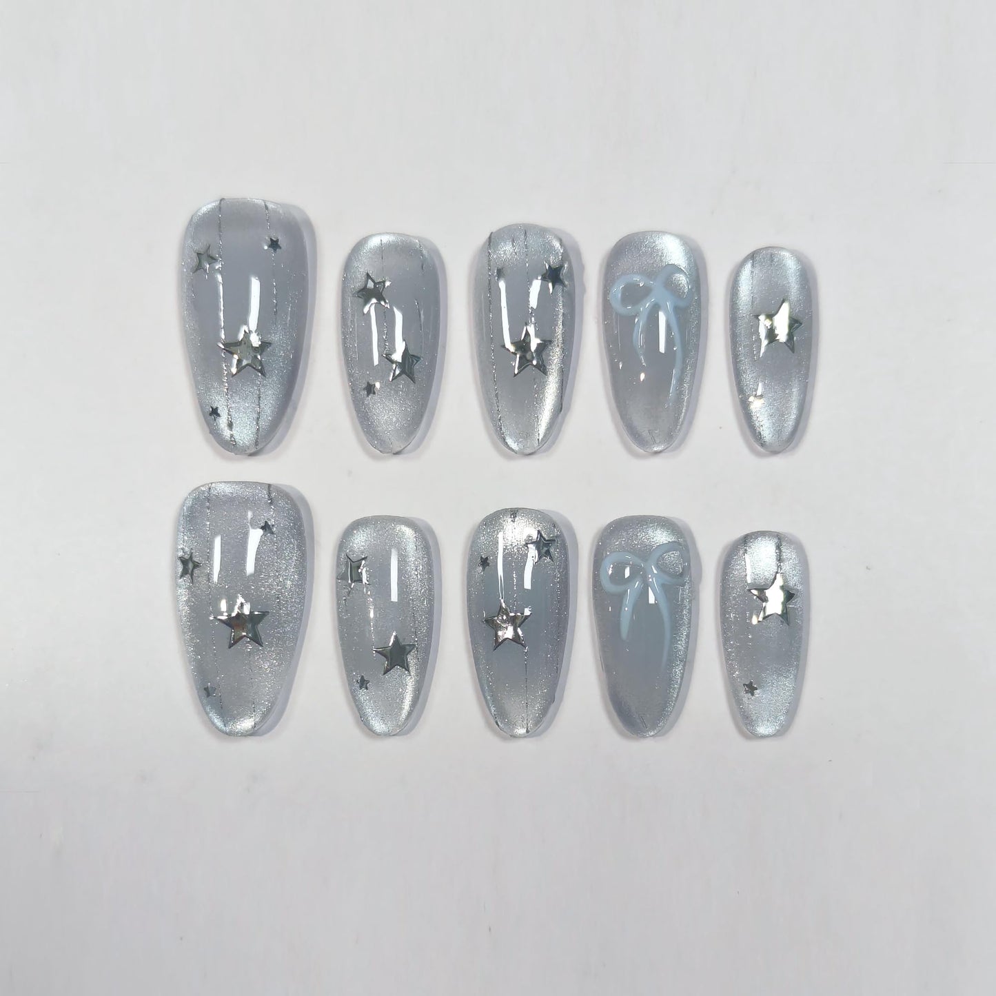 TENPAL Icy Blue Glass Bead Cat Eye Press on Nails Medium Oval with Starlight Bow, Blushing Ombre & Handmade, Reusable Sheer Celestial False Nails for Daily Aura(XS)