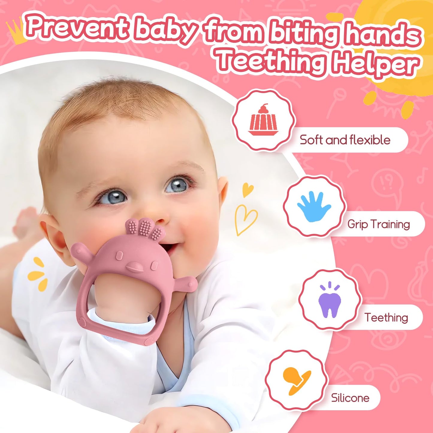 Tinabless Baby Teething Toys 5 Pack, Food Grade Silicone Teething Mitten & Teethers for Babies 3-12 Months, BPA-Free Infant Chew Toys for Teething Relief, Easy-Grip, Freezer Safe, Coral Red