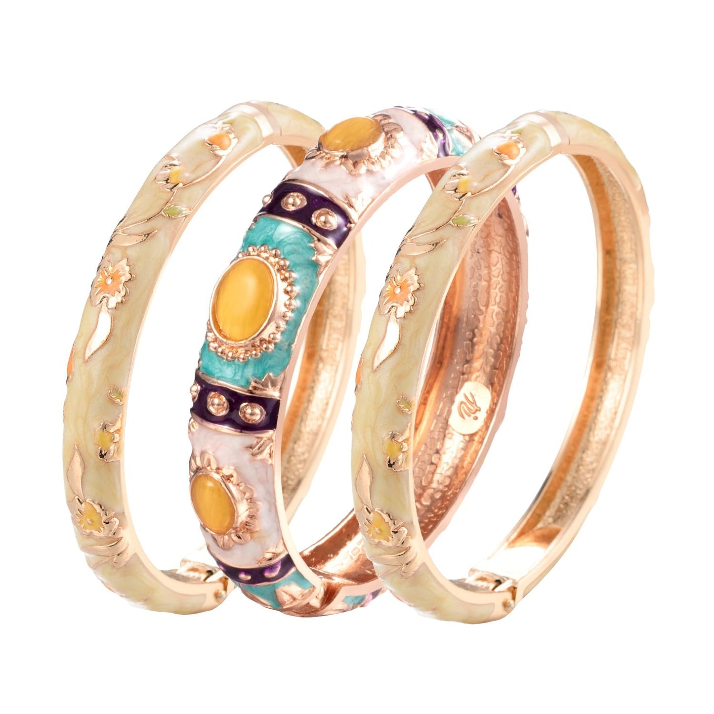 UJOY Vintage Cloisonne Bracelet Beautiful Flower Enamel Hinge Gold Plated Rose Bangles Jewelry for Women's Gifts 7735 3pcs Yellow