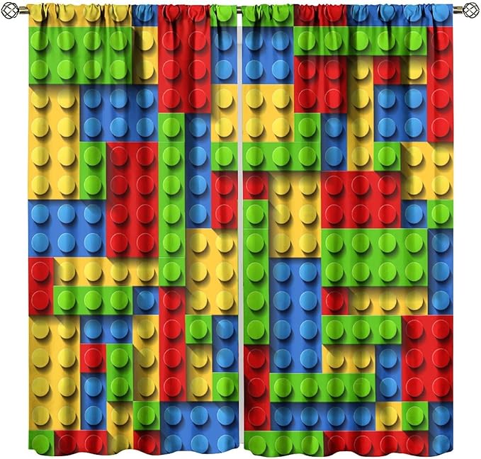 Kids Building Blocks Toy Curtains for Kids Room W63 x L63 Inch Rod Pocket Contour Plastic Colorful Toy Bricks Geometric Print Pattern Curtains for Boys Girls Bedroom 2 Panels