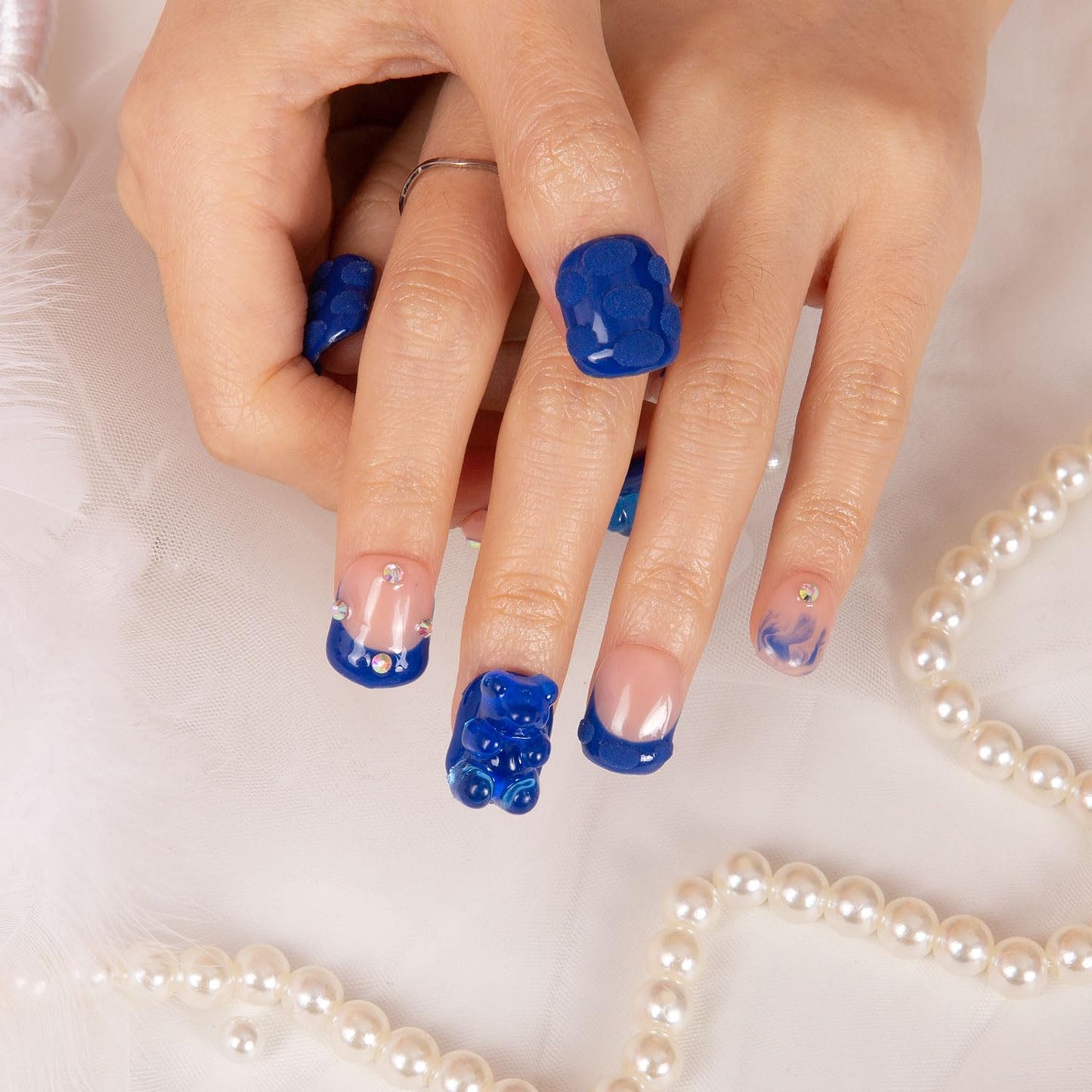 LOVFUL Press on Nails Little Blue Bear Blue French Tip| Handmade with Full Covered Crystals | Reusable Fake Nails | Square Short 0.8 in | H132-L
