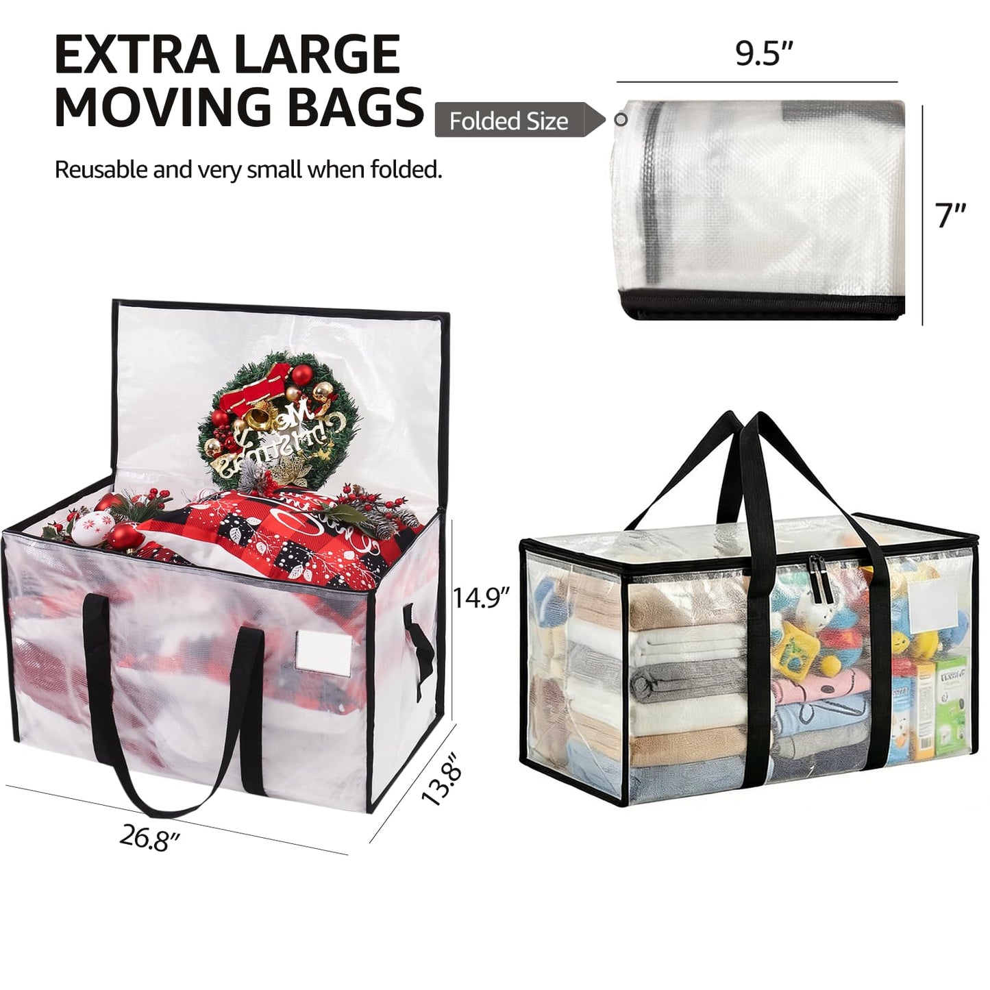Moving Bags Heavy Duty Extra Large, Alternative for Moving Boxes & Moving Supplies,Clear Storage Bins with Lids, Plastic Packing Tote, Storage Bags for Clothes with Handles & Zippers(Clear, 6 Pack)