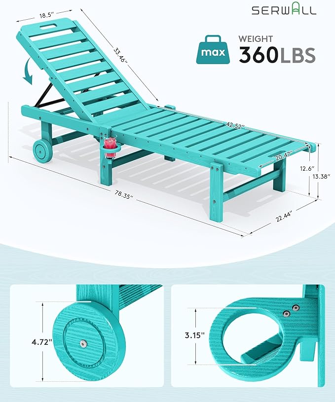 SERWALL Outdoor Chaise Lounge Set of 6, HDPE Pool Lounge Chair with 5-Position Adjustable Backrest, Patio Lounger with Rolling Wheels & Cup Holder for Pool, Aruba