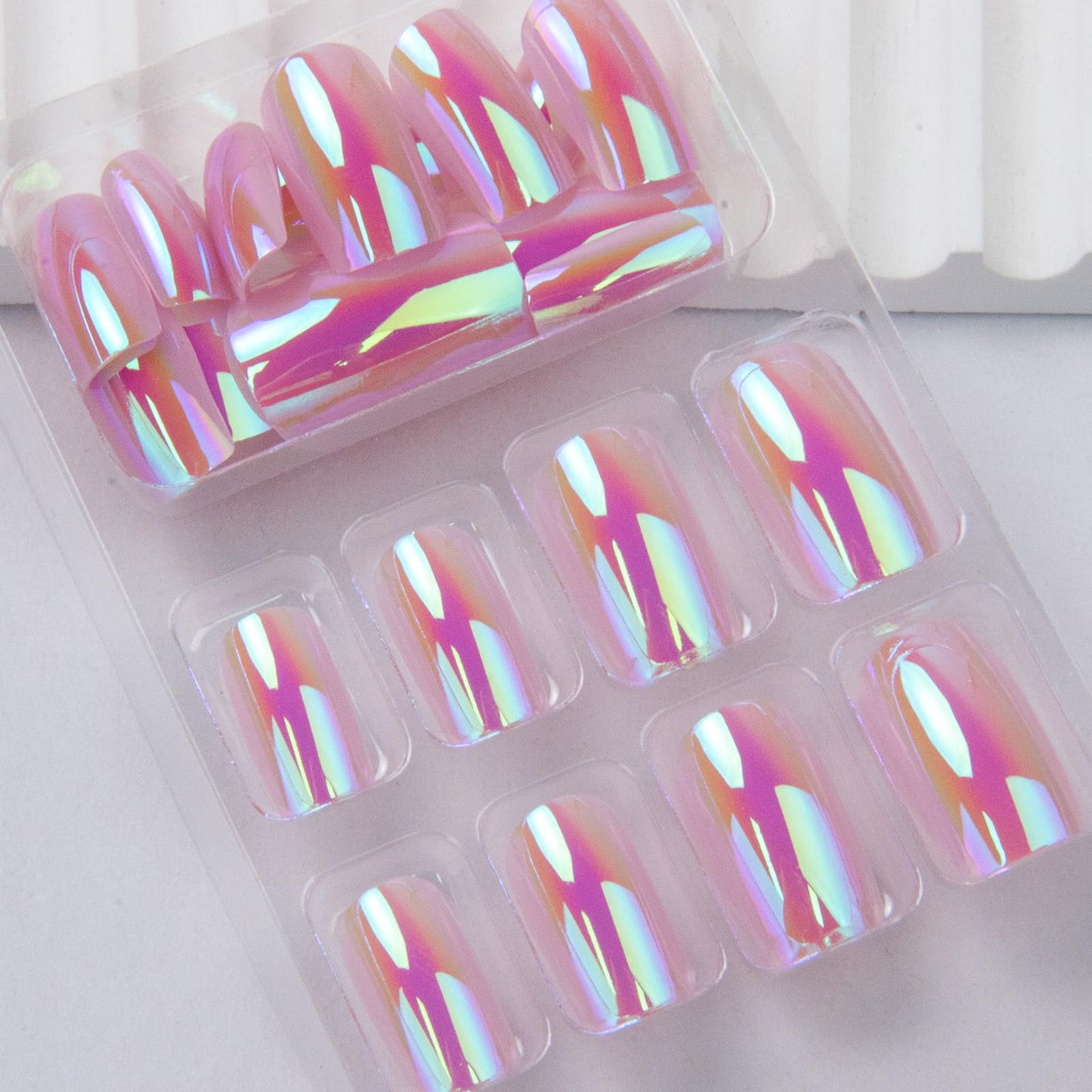 Chrome Press on Nails Medium Square Fake Nails Press ons with Glossy Holographic Gradient Acrylic Nails Metal Chrome False Nails Shiny Full Cover Glue on Nail for Women Manicure 24Pcs