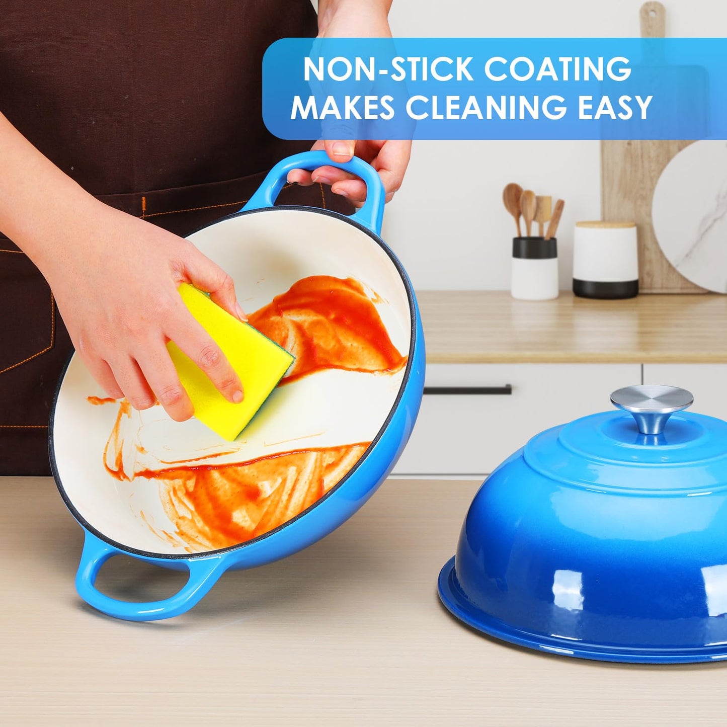LIFERUN 6qt Enameled Cast Iron Dutch Oven for Sourdough Bread Baking, Non-Stick Dome-Shaped Bread Oven Pot with Lid, Silicone Handles and Scraper, Blue