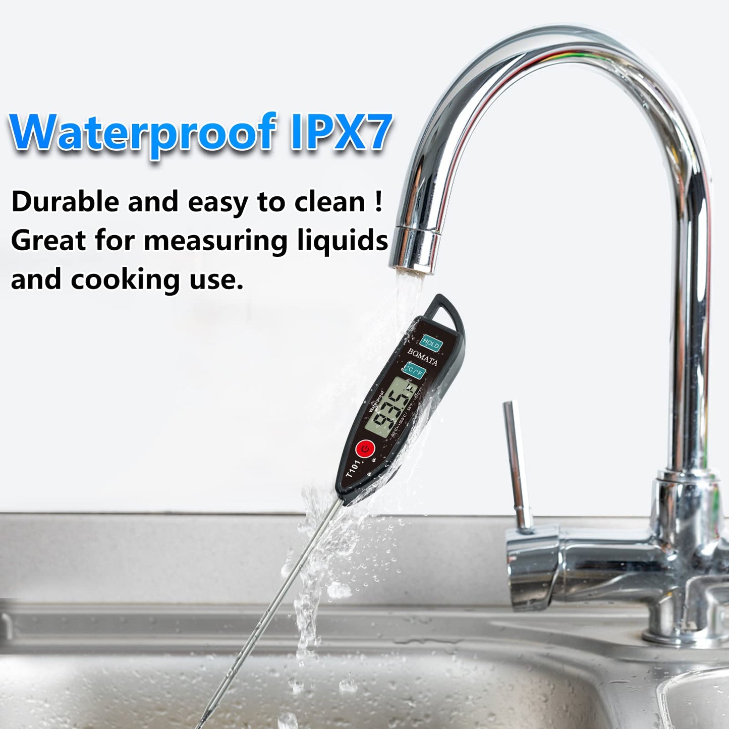 BOMATA 2 Pack Waterproof IPX7 Meat Thermometer Instant Read Food Thermometer with Long Probe for Water, Liquid, Kitchen Cooking, Grill,BBQ ! T101 X 2 Pcs (Black & Red)…