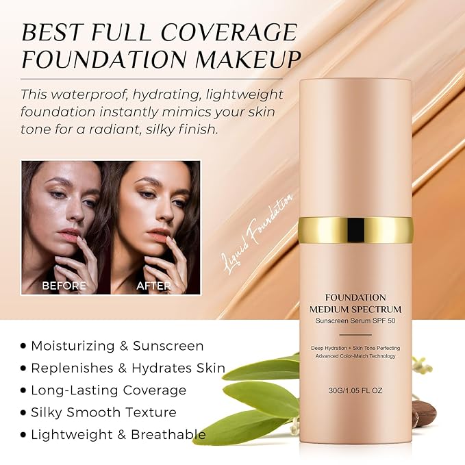 4 in 1 Foundation Liquid, Medium Spectrum Coverage Makeup with SPF 50+, Hydrating & Longwearing & Waterproof Color Changing Foundation for Gym, Sports, Dancing