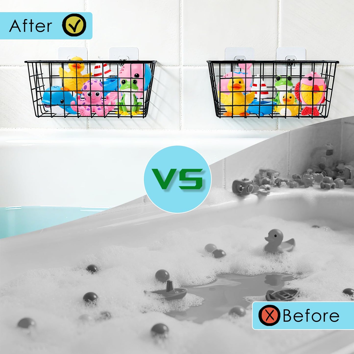 Hanging Bath Toy Storage Basket - 2 Pack Metal Bath Toy Holder with Hooks - Bathtub Toy Storage Organizer for Baby Bath Kids Shower Bathroom