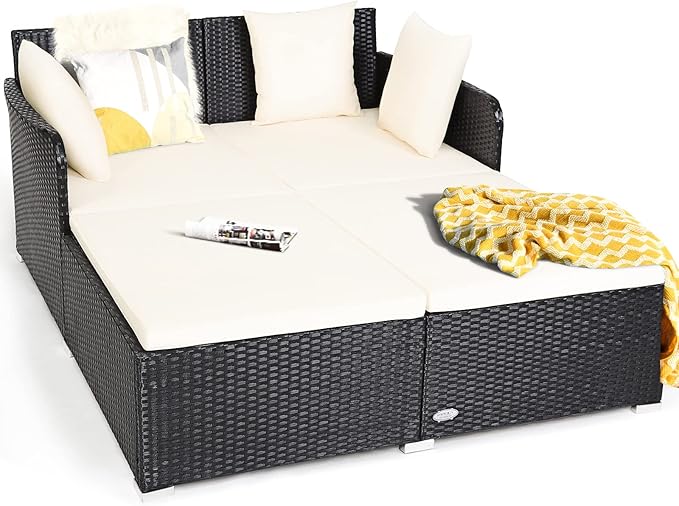 HAPPYGRILL Outdoor Daybed Rattan Wicker Patio Daybed with Padded Cushions Pillows and Sturdy Aluminum Foot, Patio Sofa Furniture Set for Garden Porch Poolside