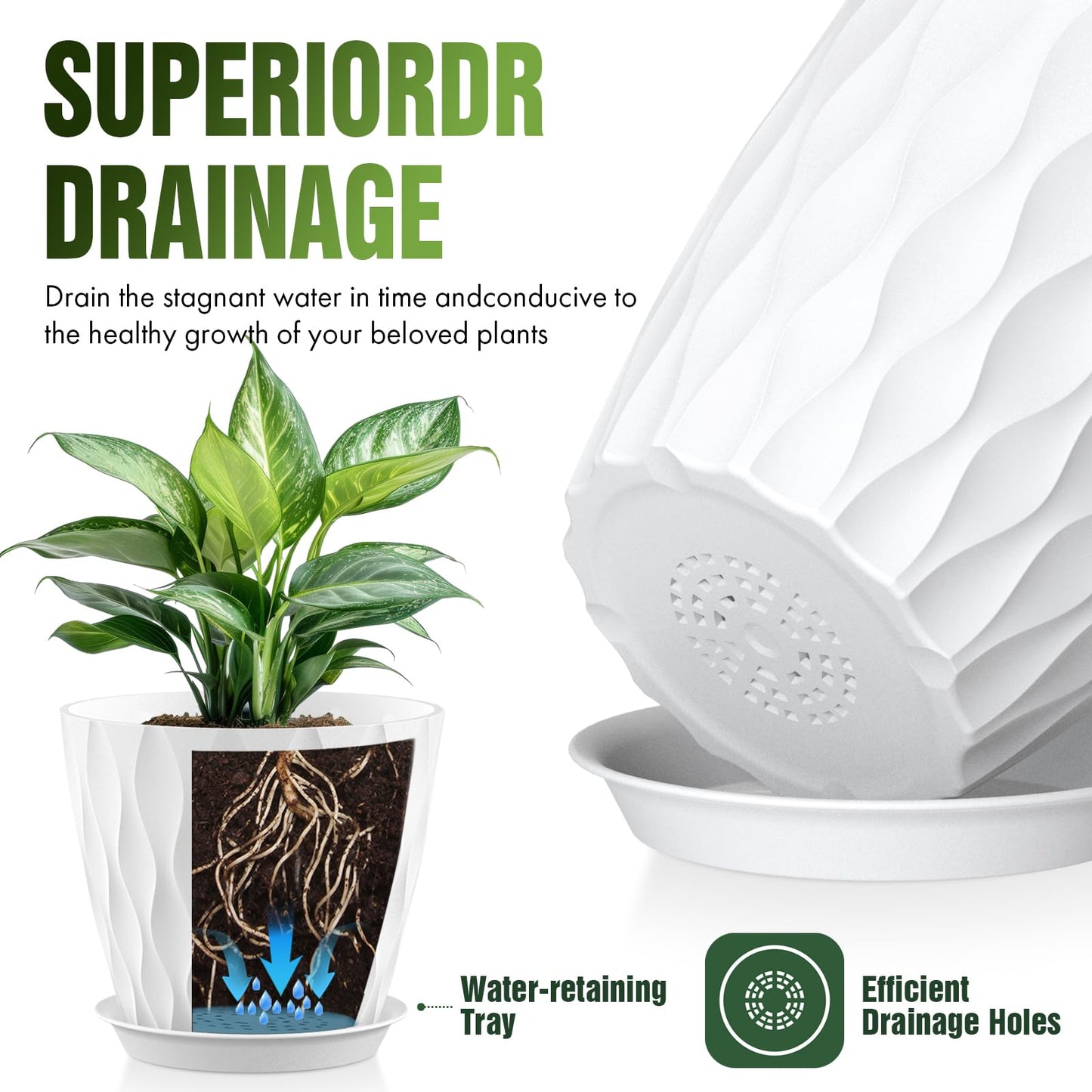 Areutxbis 8 Inch Wave Plant Pots with Drainage Holes & Saucers, 4 Pack Modern Textured Medium Planters for Indoor Outdoor Plants, Decorative Flower Pots Repotting Set for Flowers, Herbs (White)