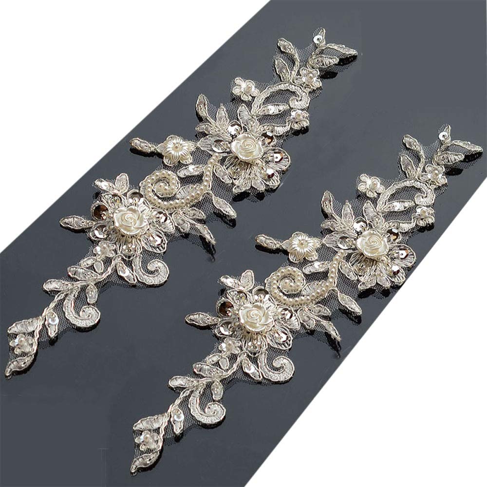 Bling Paillette Rhinestones Lace Appliques Pearl Beaded Bridal Applique Sewing Patch for DIY Wedding Belt Shoes Ivory (2 Pieces)