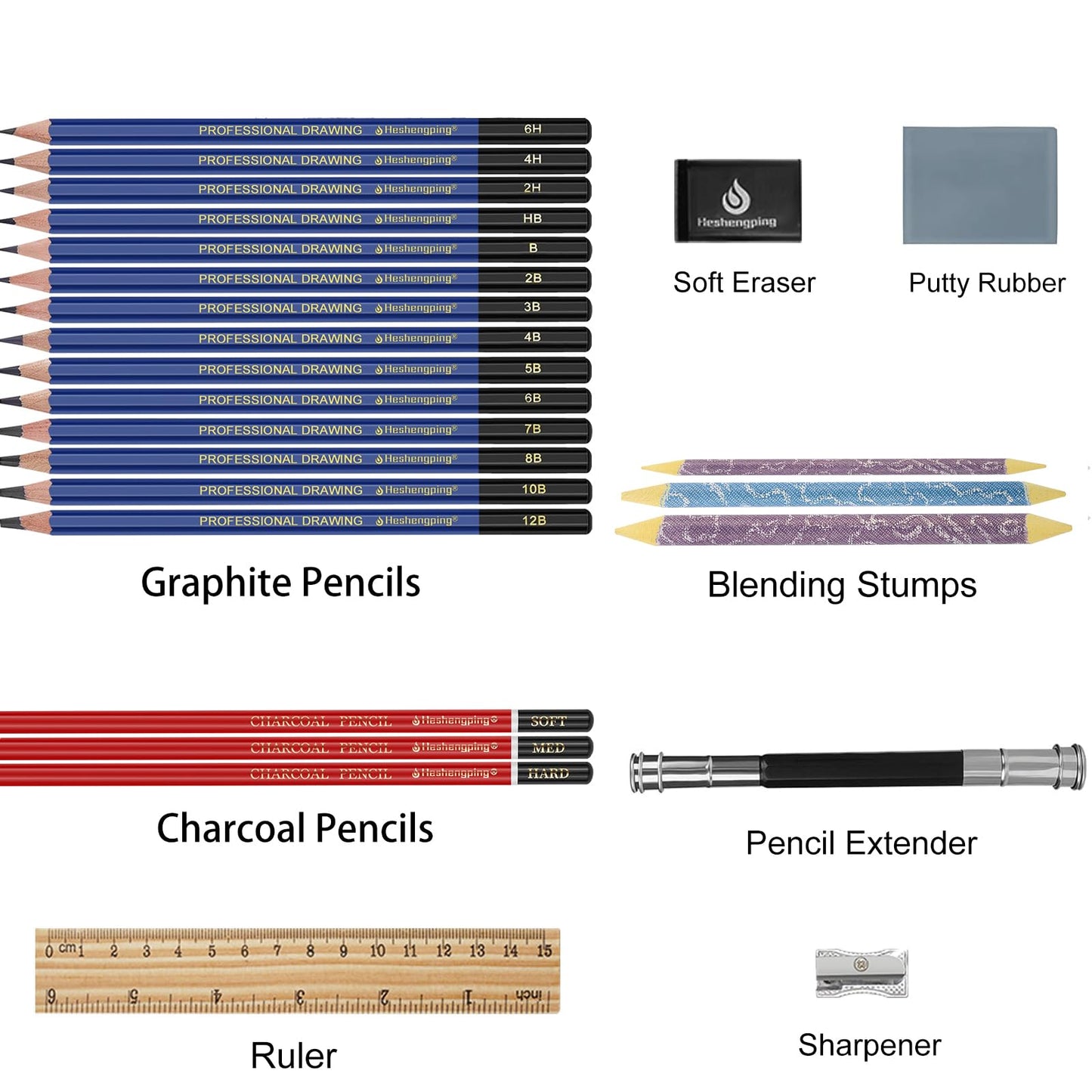 Drawing Sketching Pencil Set, 26 pcs Draw Supplies Kit, 14 Graphite (12B -6H), Charcoal Erasers Sharpener Extender, Ideal for Drawing Art, Sketching, Shading, Artist Pencils for Beginners Pro Artists