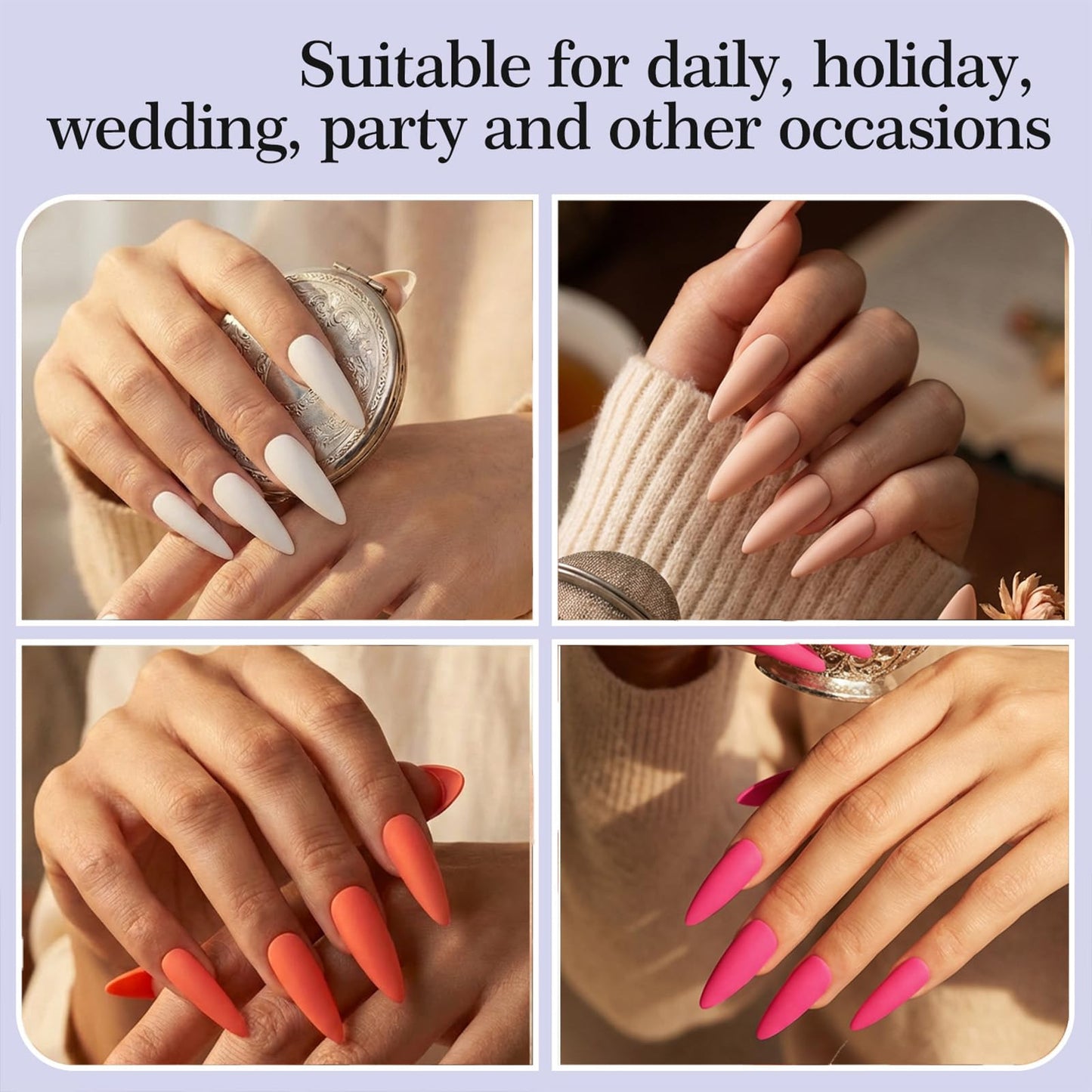 216 Pcs Press on Nails Stiletto Nail Press ons in 9 Colors Long Fake Nails in 12 Sizes Mate False Nails Full Cover Stick on Nails for Women Manicure