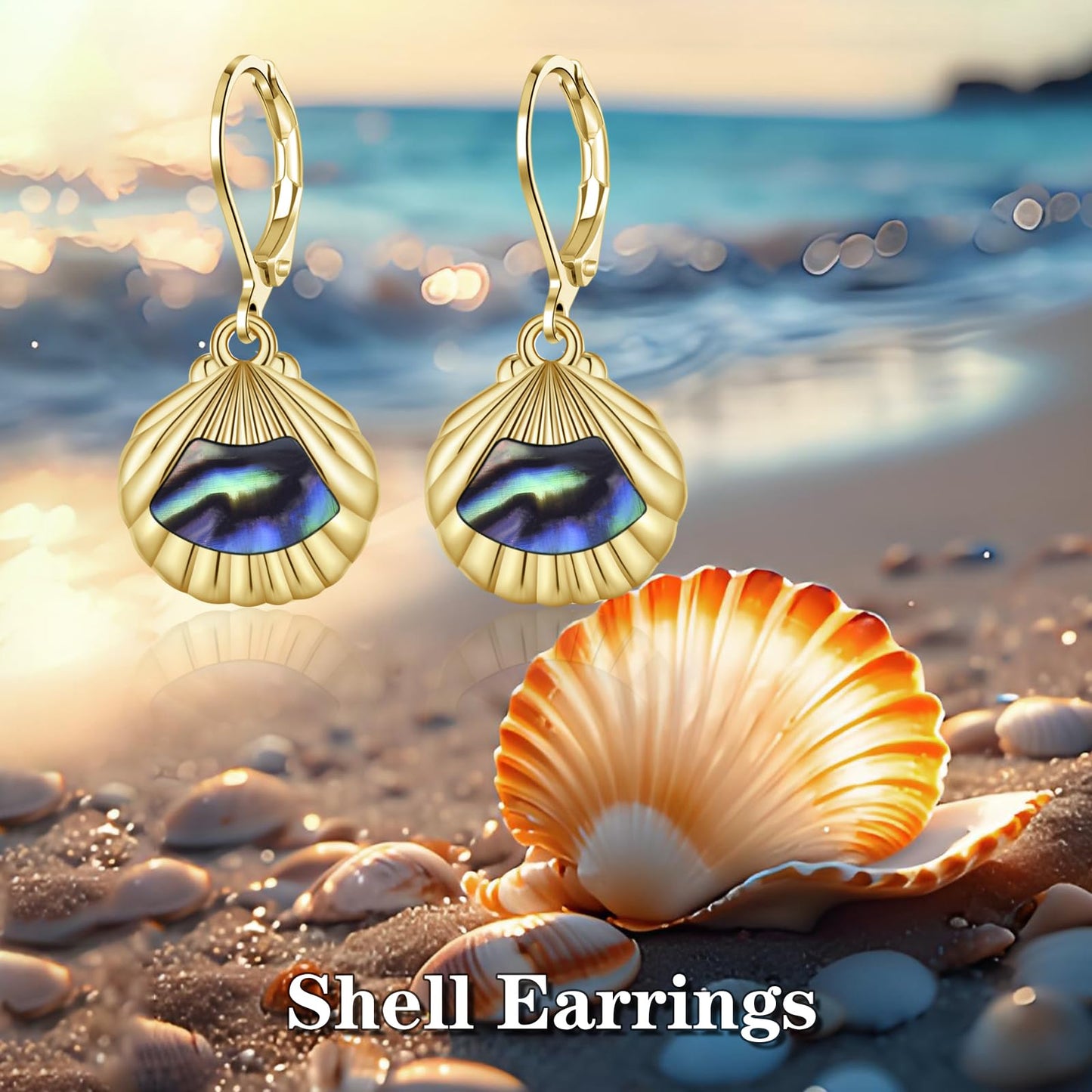 HELORET Clam Shell Earrings Abalone Gold Dangle Drop Gold Plated Earrings Beach Shell Jewelry for Women
