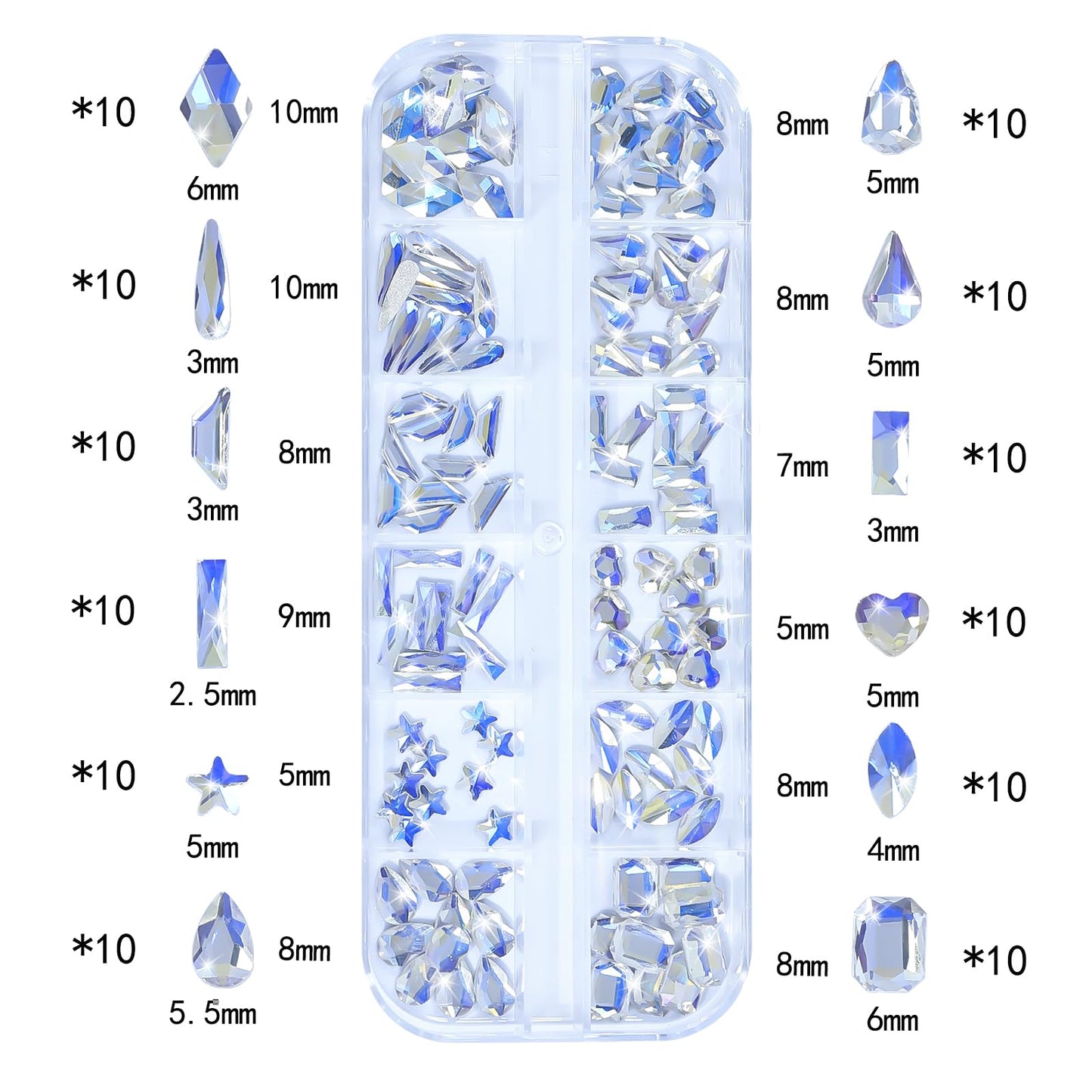 HNUIX Nail Rhinestones - 3D Multi Shape Size, Crystal Blue Moonlight Nail Gems, Flat Back, with Kit, for Nail Art, DIY Decorations