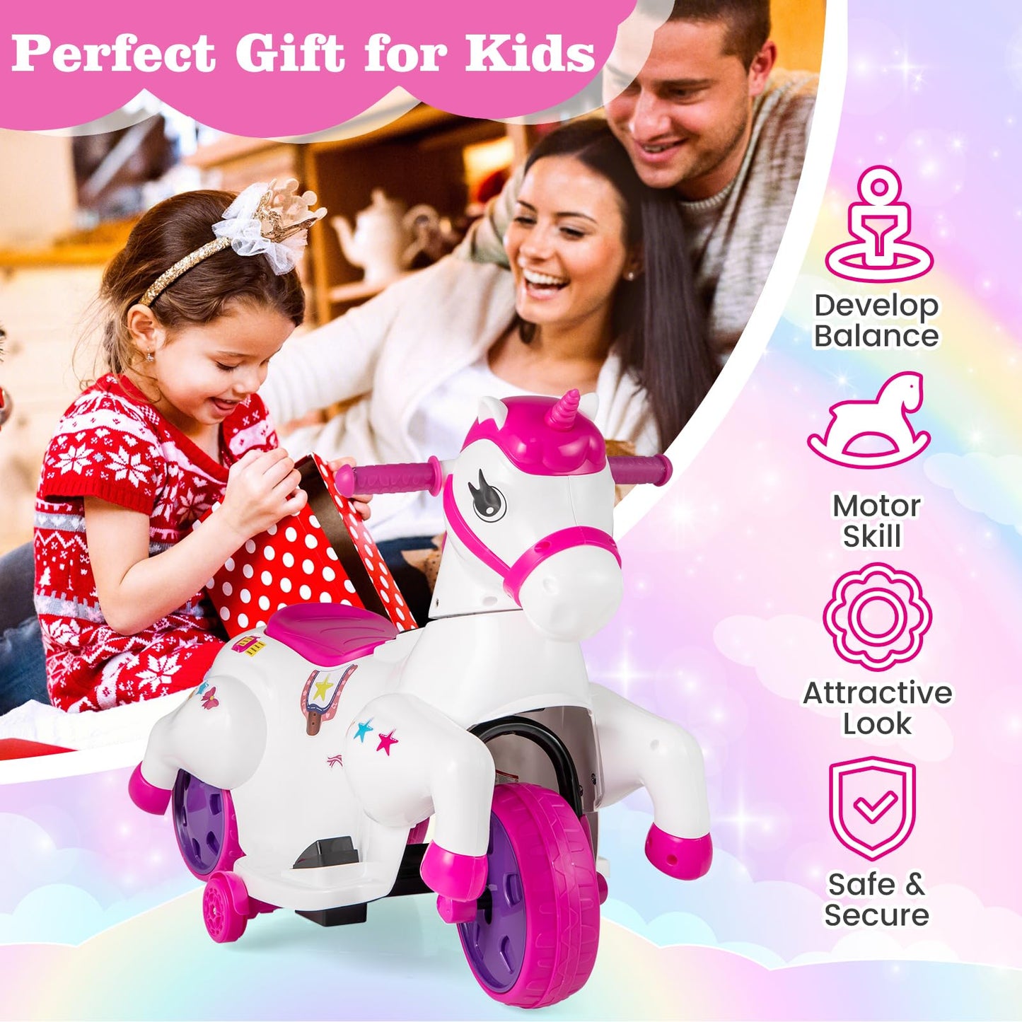OLAKIDS 2 in 1 Ride on Motorcycle and Horse, Unicorn 6V Battery Powered Ride on Toy with Up & Down Function, MP3, Power Display, Training Wheels, Kids Electric Vehicle Aged 3-6 Years (Pink)