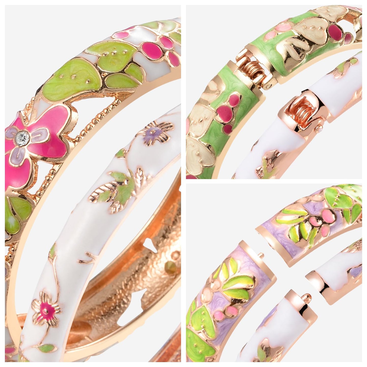 UJOY Vintage Cloisonne Bracelet Beautiful Flower Enamel Hinge Gold Plated Rose Bangles Jewelry for Women's Gifts 88A22 3pcs White