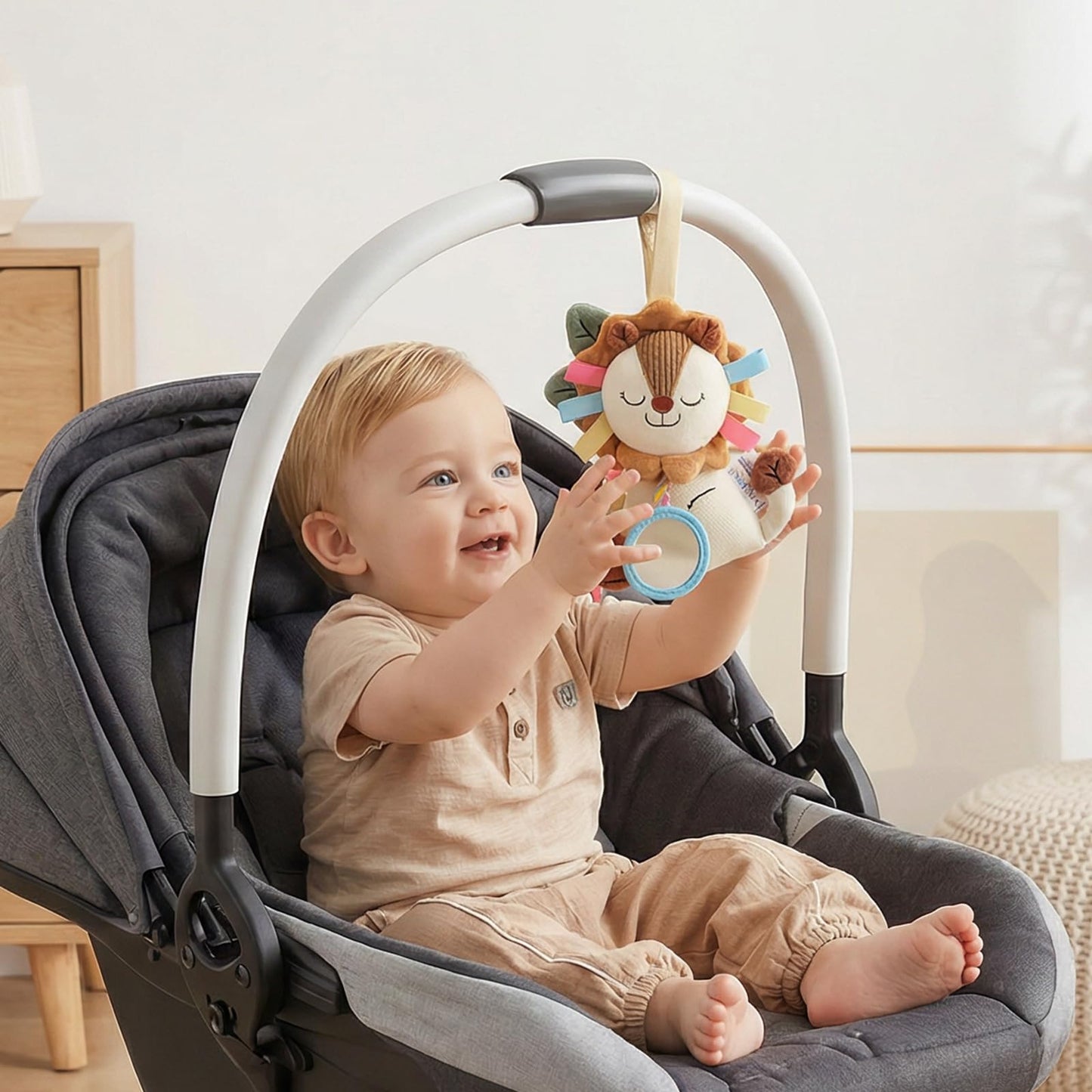 TYRY.HU Car Seat & Stroller Activity Toy,Soft Plush Cot Hanging Toy, Baby Rattle Toy with Strap,Developmental Sensory Toy-Textured Ribbons&Teether&Mirror&Crinkle Sounds for Infants 0 3 6 12 Months