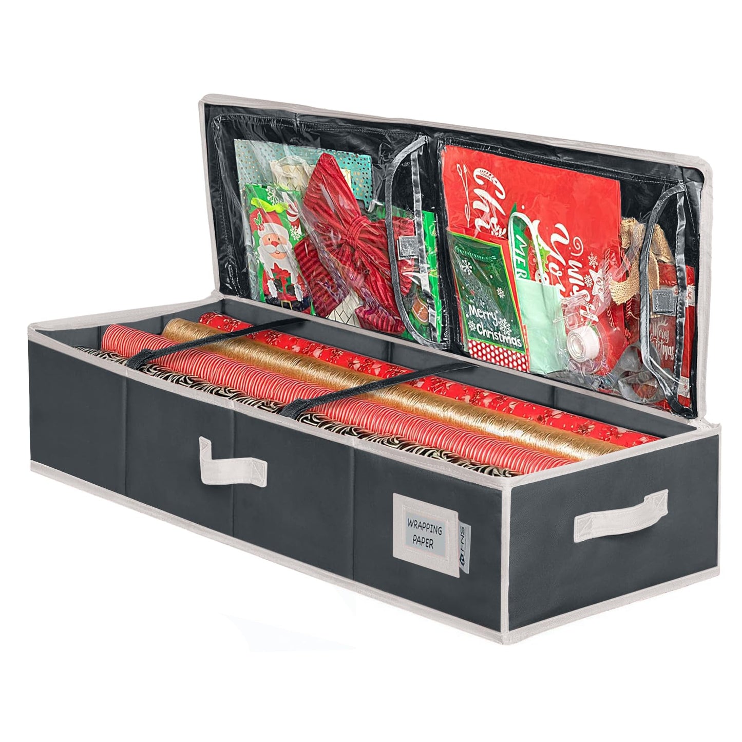 HOLDN' STORAGE Premium Wrapping Paper Storage Container - Durable 600D Tear-Proof, Fits 27 Rolls Gift Wrap, Extra Pockets for Ribbons & Bows, Underbed Storage - Ideal for Holiday Christmas, Black/White Trim