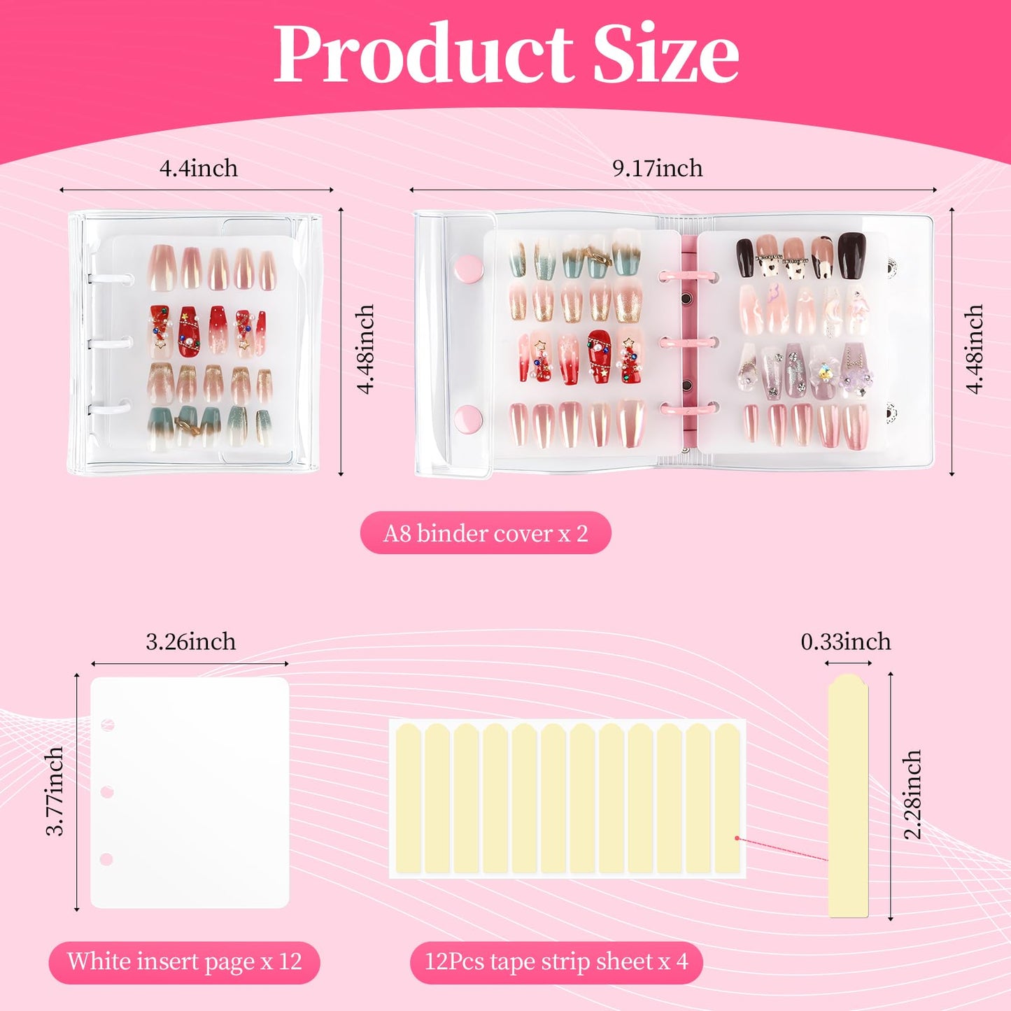 ASTONFOG Press On Nail Organizer, 2Pcs Press On Nail Binder Book with 12 Insert Pages-A8 Sized & Double Sized Tape, Fake Nails Swatch Display Collecting Storage Book(Pink+White)