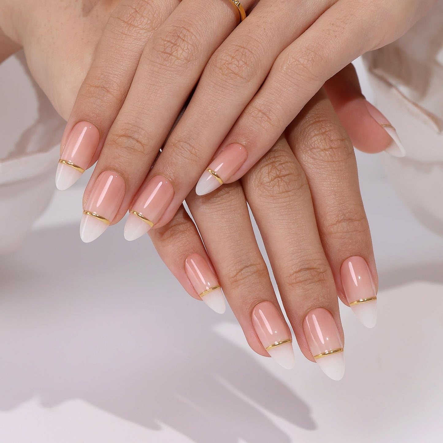Milky White to Pink French Tip Press on Nails - GJZEZ Soft Gel Medium Almond Ombre Gradient Fake Nails with Gold Line | 16 Sizes - 32 Pcs Reusable Salon Perfect Faux Nail Gifts for Women, Glossy Gild