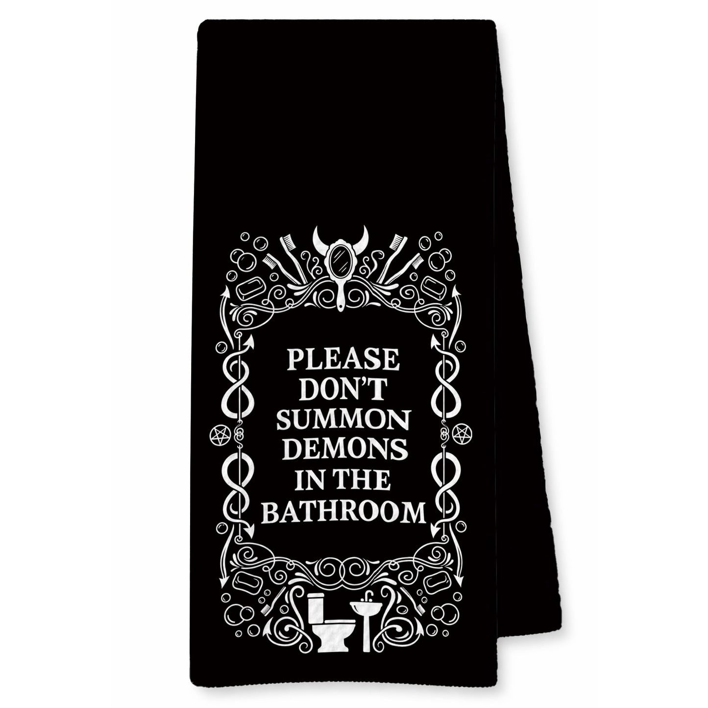 XYMHQ Black Demon Gifts Hand Towel 16x24, Black Demon Decor Gothic Dish Cloth, Please Dont Summon Funny Bathroom Decorative Towels, Spooky Housewarming Gifts for Men.