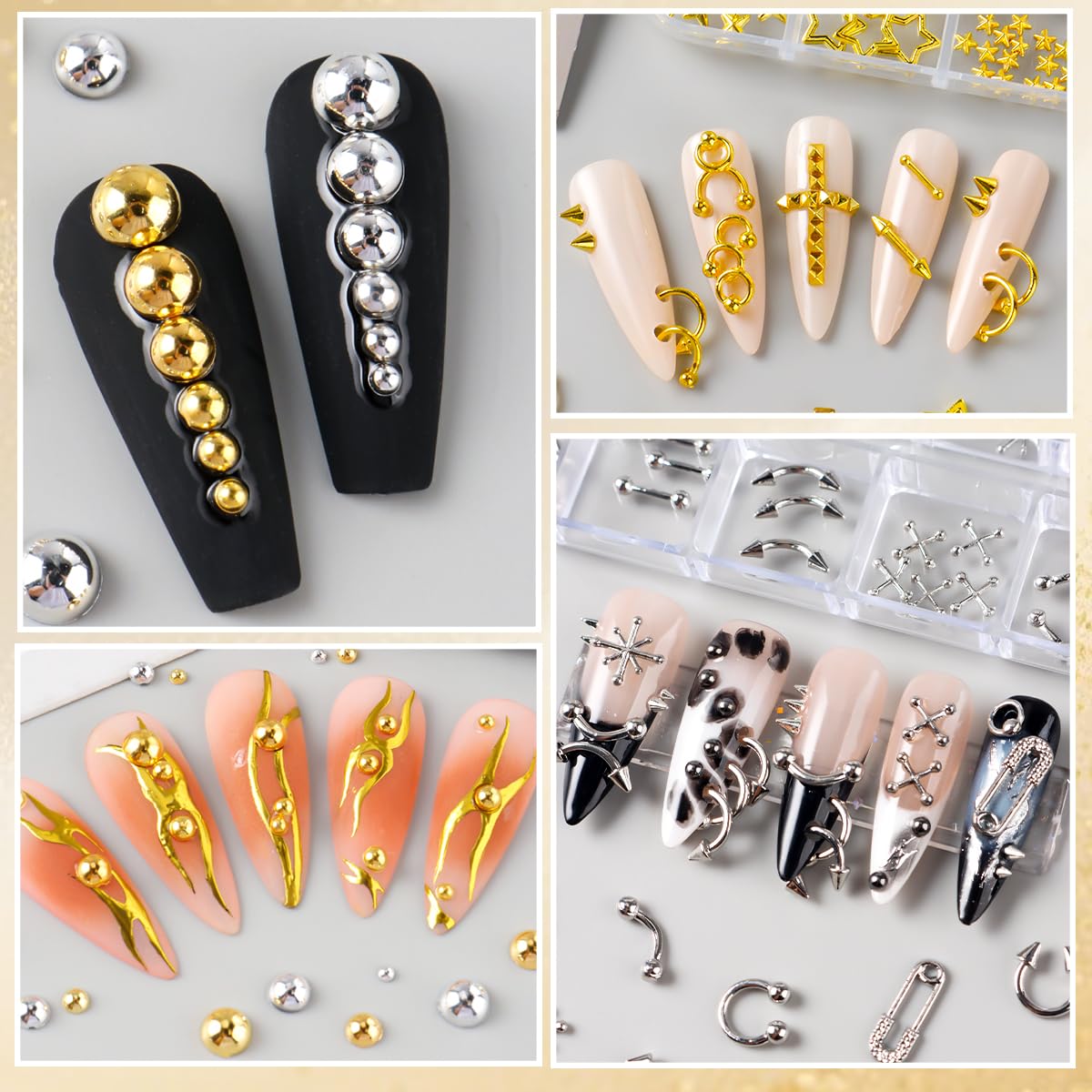 3 Box 12 Grids Goth Nail Art Studs, 3D Gold & Silver Alloy Gothic Punk Nail Charms Y2K Rivet Studs Beads Metal Rings Piercing Manicure Supplies for DIY Nail Art Decorations