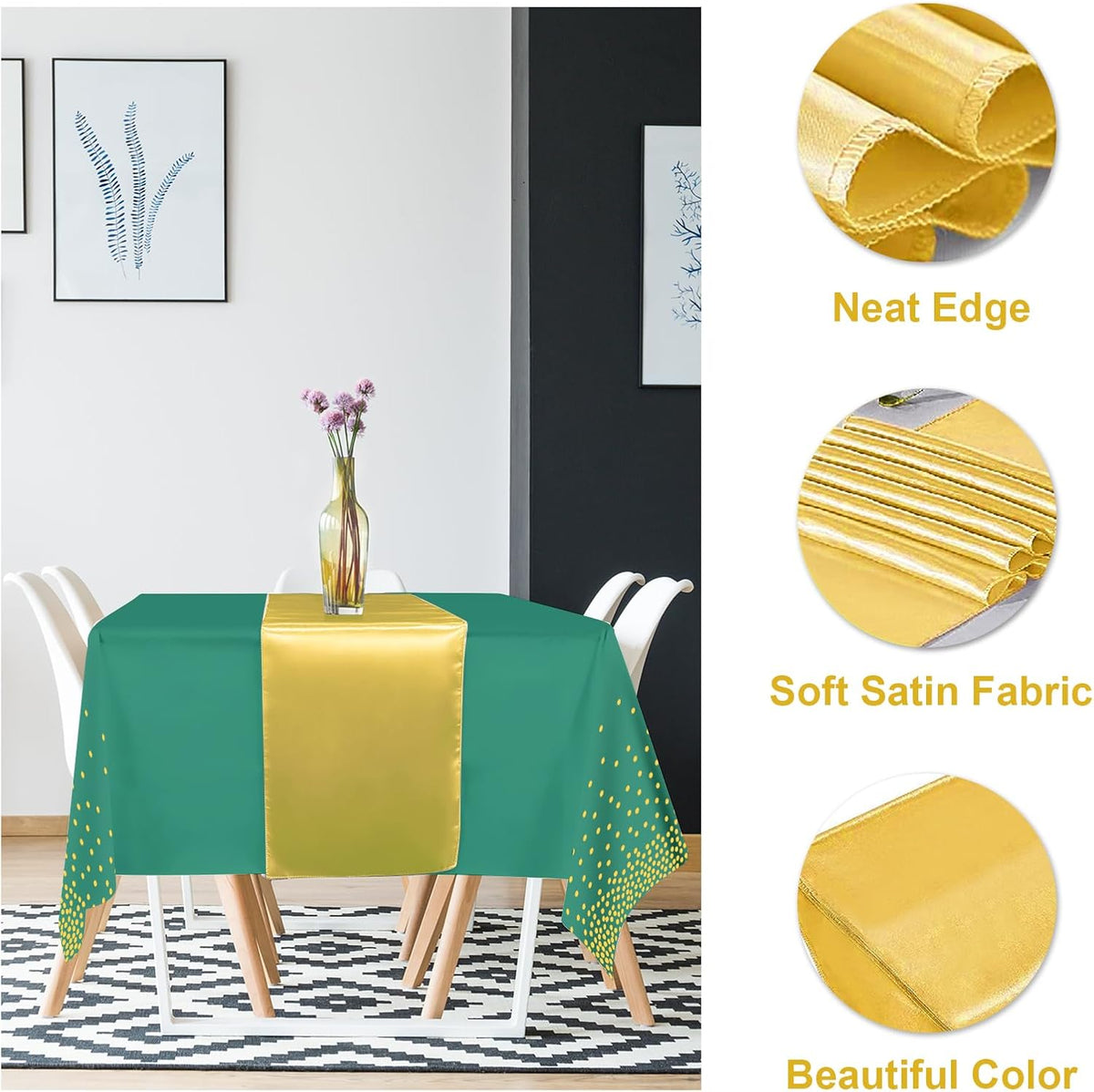 8Pack Disposable Plastic Party Tablecloths and Satin Table Runner Set Green and Gold Dot Table Cloth Gold Satin Table Runner for Wedding Birthday Baby Shower Anniversary Holiday Party Decorations