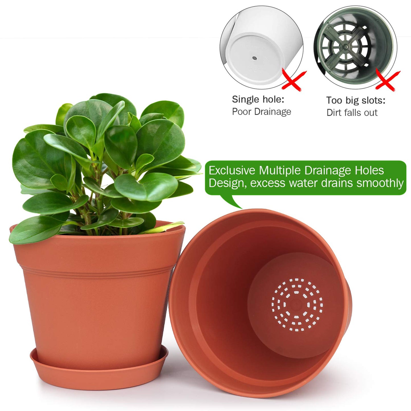homenote Pots for Plants, 15 Pack 6 Inch Plastic Planters with Multiple Drainage Holes and Tray - Plant Pots for All Home Garden Flowers Succulents