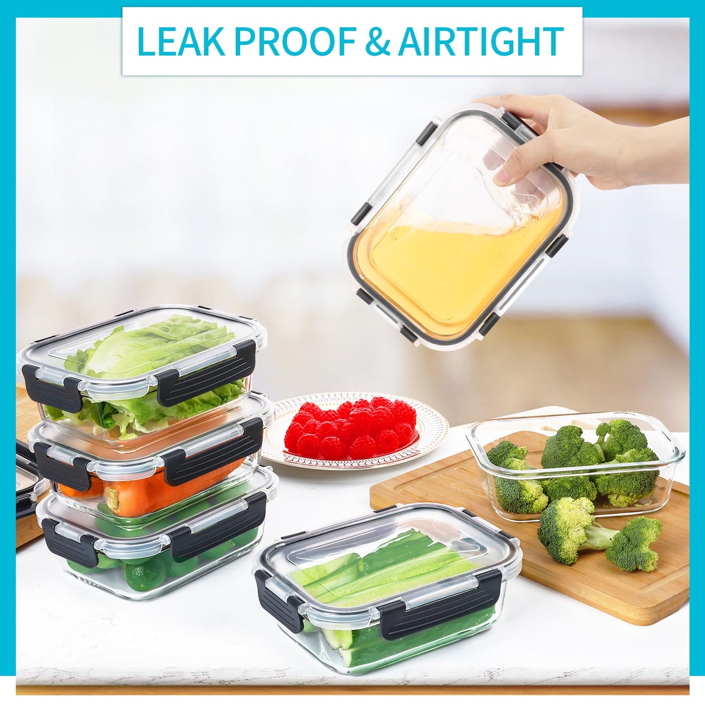 Skroam 10 Pack Glass Meal Prep Containers, 22 OZ Glass Airtight Food Storage Containers with Lids, Pantry Kitchen Storage Containers for Lunch, Food Storage, Meal Prep, Lunch Bento Boxes