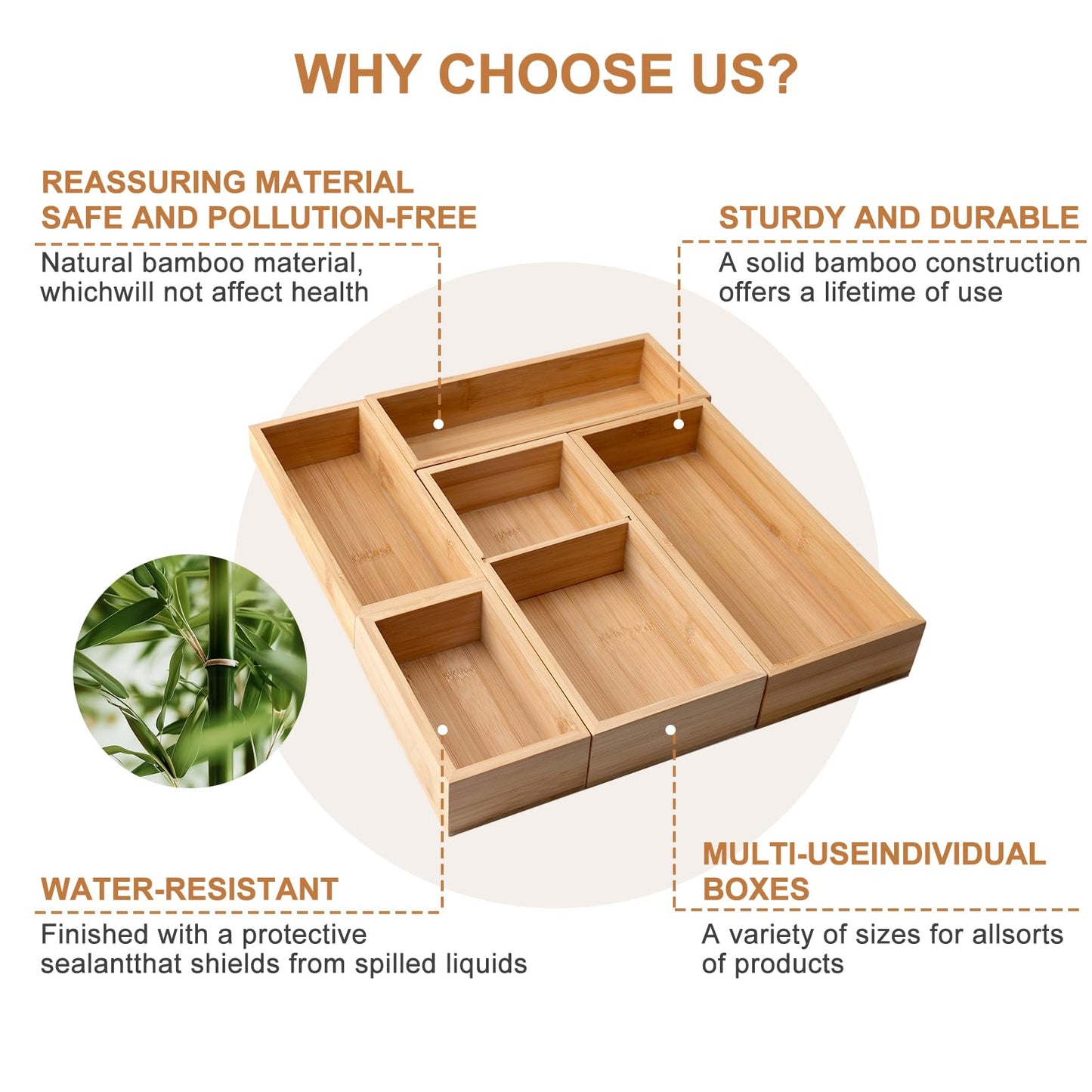 Bamboo Drawer Organizer 5 Pcs for Kitchen Multi-purpose Storage Dividers for Kitchen, Office, Jewelry, Cosmetics, Wooden Drawer Dividers for Drawer Organizer Desk Organizer Gift for Women Gifts Idea