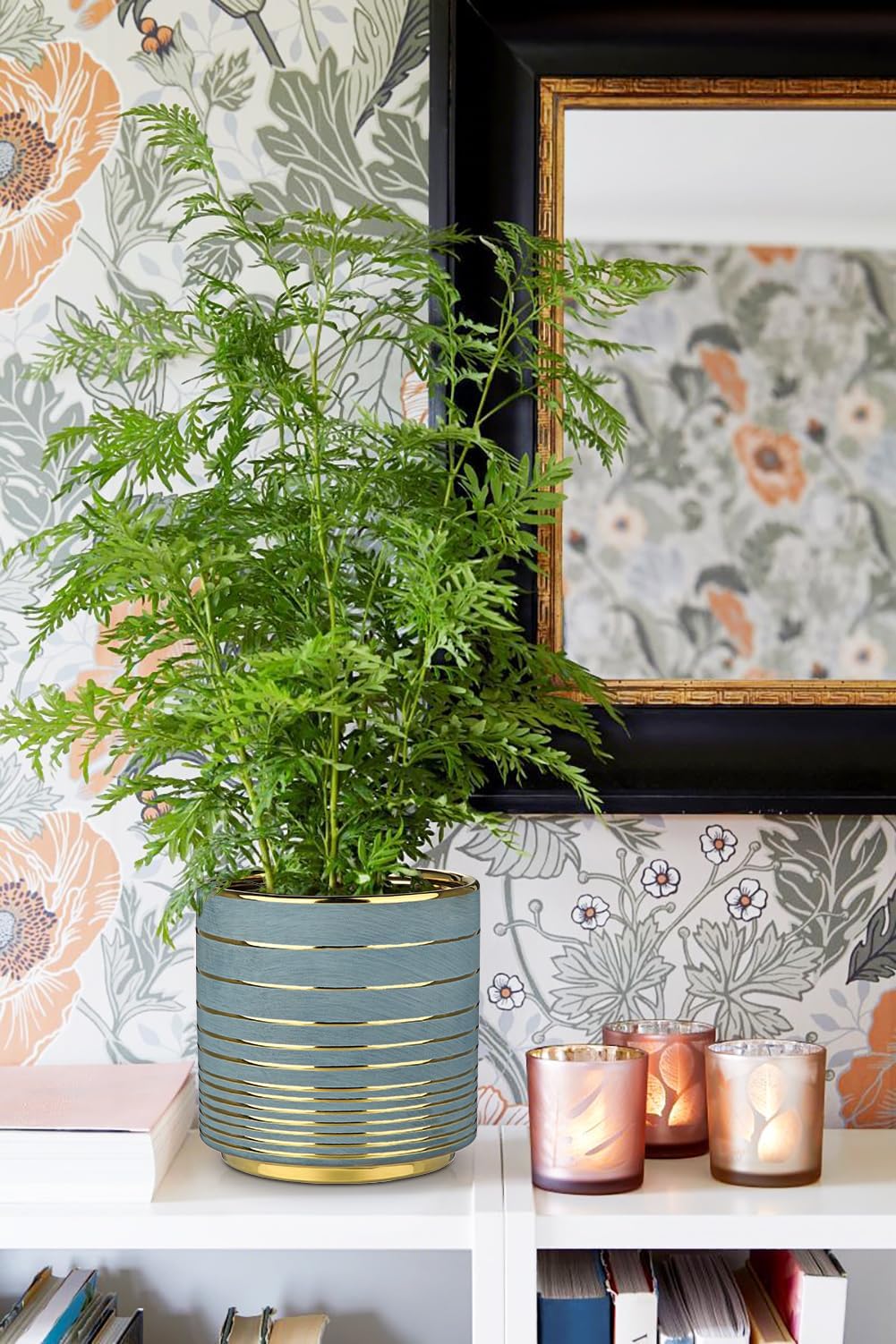 GnFlus Grey Ceramic Plant Pots, 5.5 + 6.2 Inch Gold Striped Planter for Plants, Modern Flower Pots for Home and Office, Indoor Planters with Drainage Set of 2